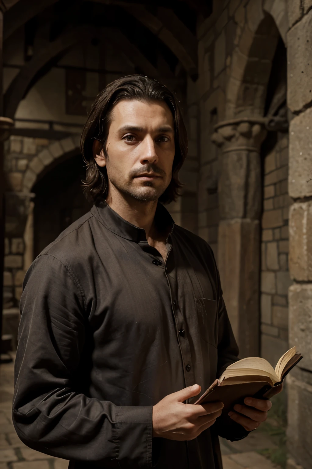 thin man 40 years old, Narrow chin, wearing a medieval long-sleeved shirt with dark hair, thick stubble on the face, serious and gloomy, holding a book in his hands medieval style