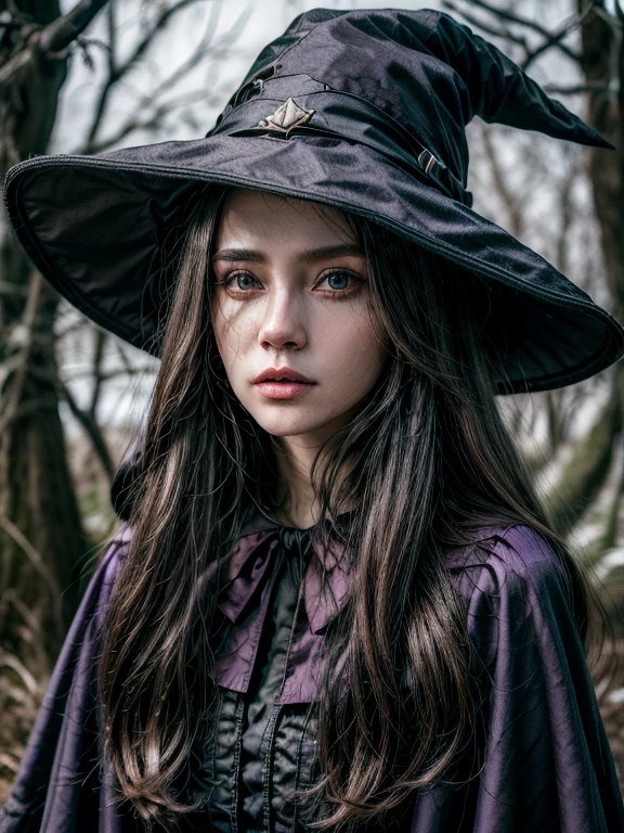 "((top-quality)), ((tmasterpiece)), (detaileds: 1.4),Black wizard,realistic clothes,witch hat,purple clothes witch,witchcraft,beautiful women,