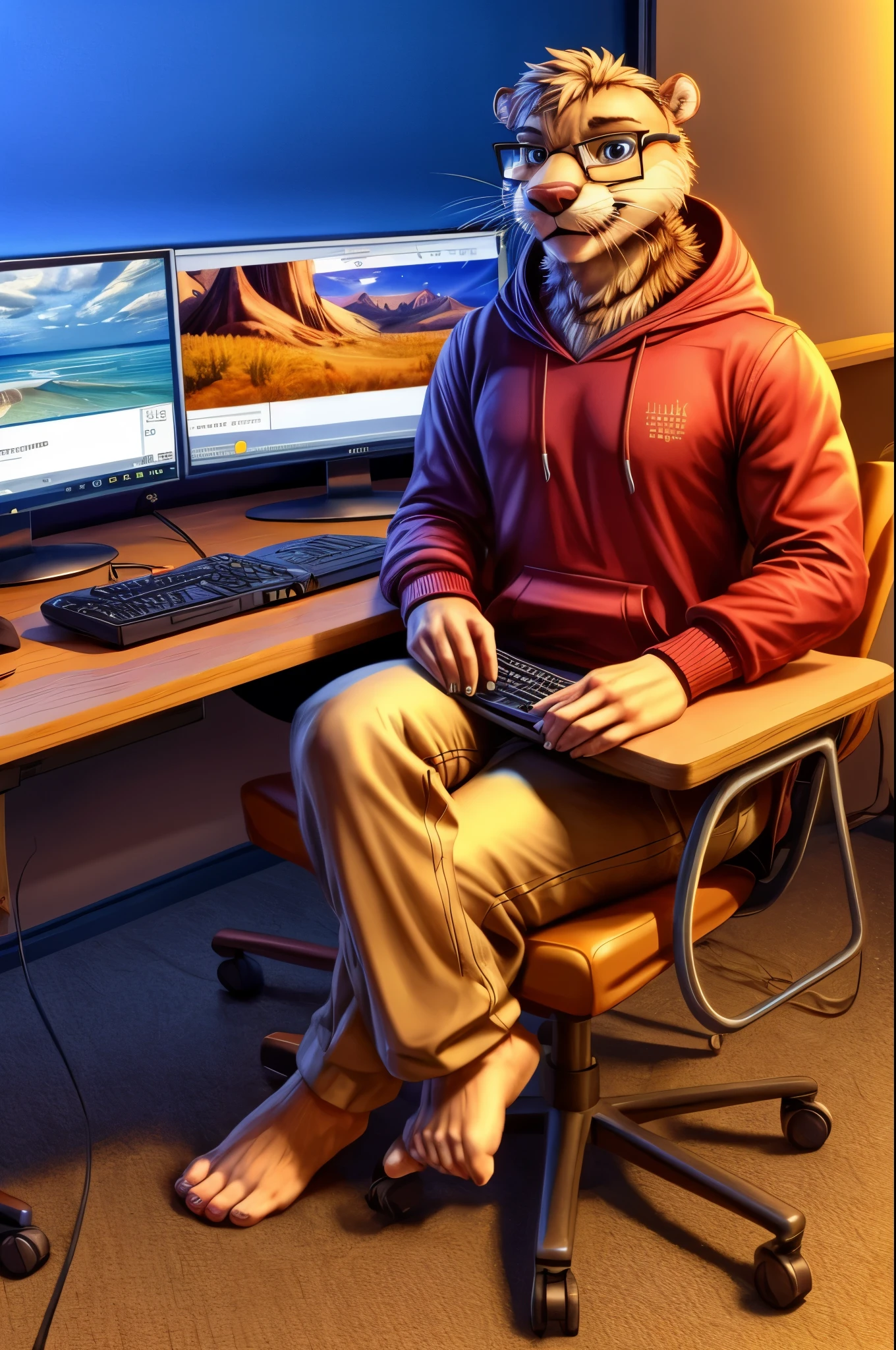 (((Barefoot furry character, full body, cinematic setting, furry male, plantigrade)))
computer class scene with a tech-savvy otter ((teacher)) wearing a hoodie and glasses, sitting at a computer desk with his legs crossed, surrounded by monitors and circuit boards. This otter represents the evil embodiment of ICT as a school subject, depicting stereotypes and prejudices towards ICT teachers.
BREAK, detailed background, 8K, (masterpiece:1.5), intricate details, highly detailed, extreme detail, octane render, fine art, best quality, highres, (detailed face:1.5), ((full_body)), UHD, (((perfect hands))), low light