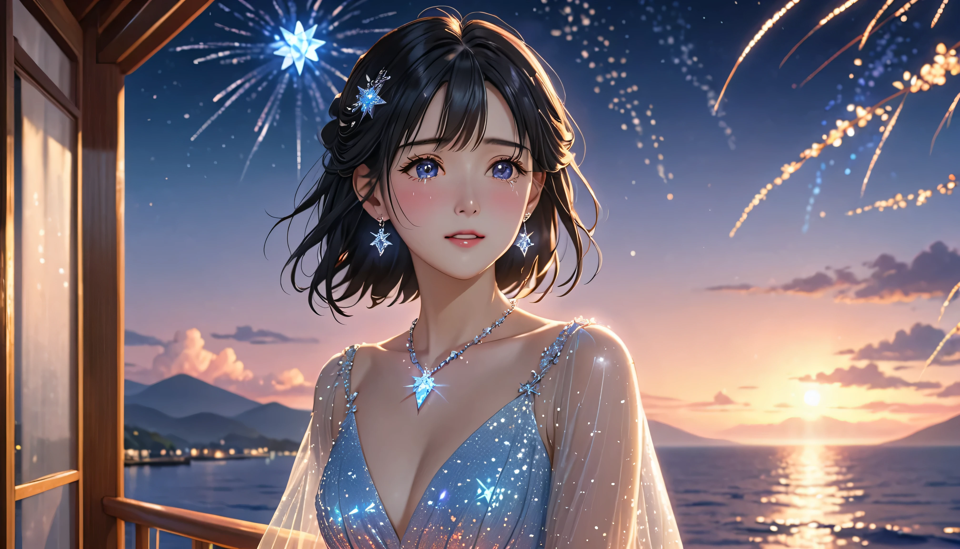 National Science Foundation,masterpiece,High resolution,8K,Art,digit,Three-dimensional,Realism,Kyoto Animation Style,your name movie style,Facing the camera,Soft Light,Glowing skin,(1 female: 1.3),(alone: 1.4),(((Long black hair))),(Gorgeous,sparkling evening gown),(Swarovski crystals on gorgeous evening gown),(Six-pointed star crystal hairpin),(Hexagram crystal necklace),(Hexagram crystal earrings),Long eyelashes,slender legs,Short Bob,Fireworks at sea,Close-up of upper body,(outdoor,on a cruise ship),Starry eyes,(blush),(shy),(shy),(((cry))),(((shed tears))),(((feel sad)))