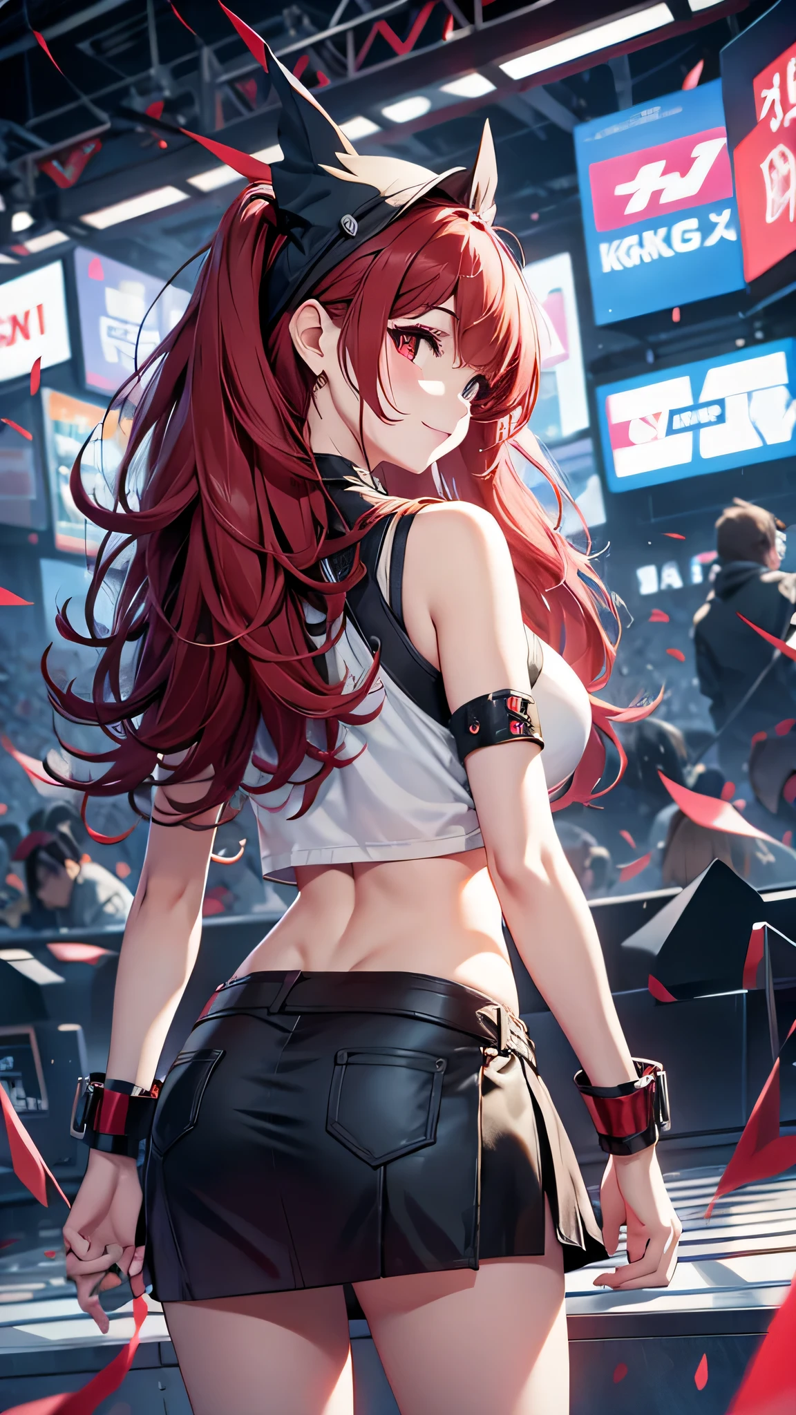 最high quality、Best image quality、masterpiece、girl((20-year-old、 By becoming、Best Bust、Medium Bust,Wide open breast tea、red glowing eyes, Black and red hair、Disheveled Hair、Long Hair、thin,The highest valley、White tank top、Red short skirt、Open chest、White wristband、smile、Leaning forward、hair ornaments、Angle from behind、Lointail、Looking at smartphone、Movement to go up the stage、Sports Cap)),high quality、Beautiful art、background((futuristic city、stage,Arena))、Flight、Flying debris、Written boundary depth、movie、Visual Arts、Perfect art、8K,Genuine、