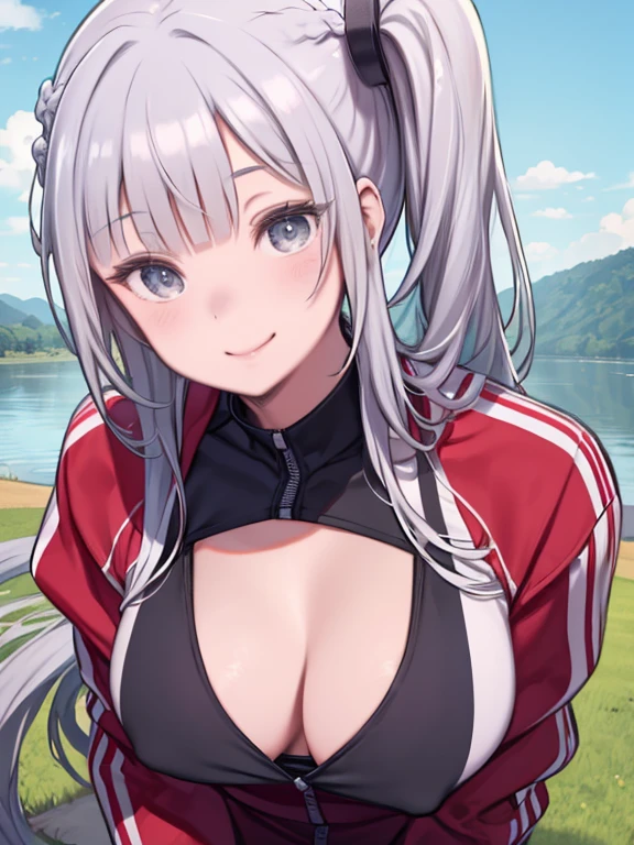 masterpiece, highest quality、1　Mature Woman、Silver Hair、(side ponytail、Side Ponytail)、(((long hair)))、Braid、(odd eye、Odd Eye)、((Big Breasts、Jersey))、tracksuit、Red uniform、Cleavage、smile、small river、blue sky、grassland、