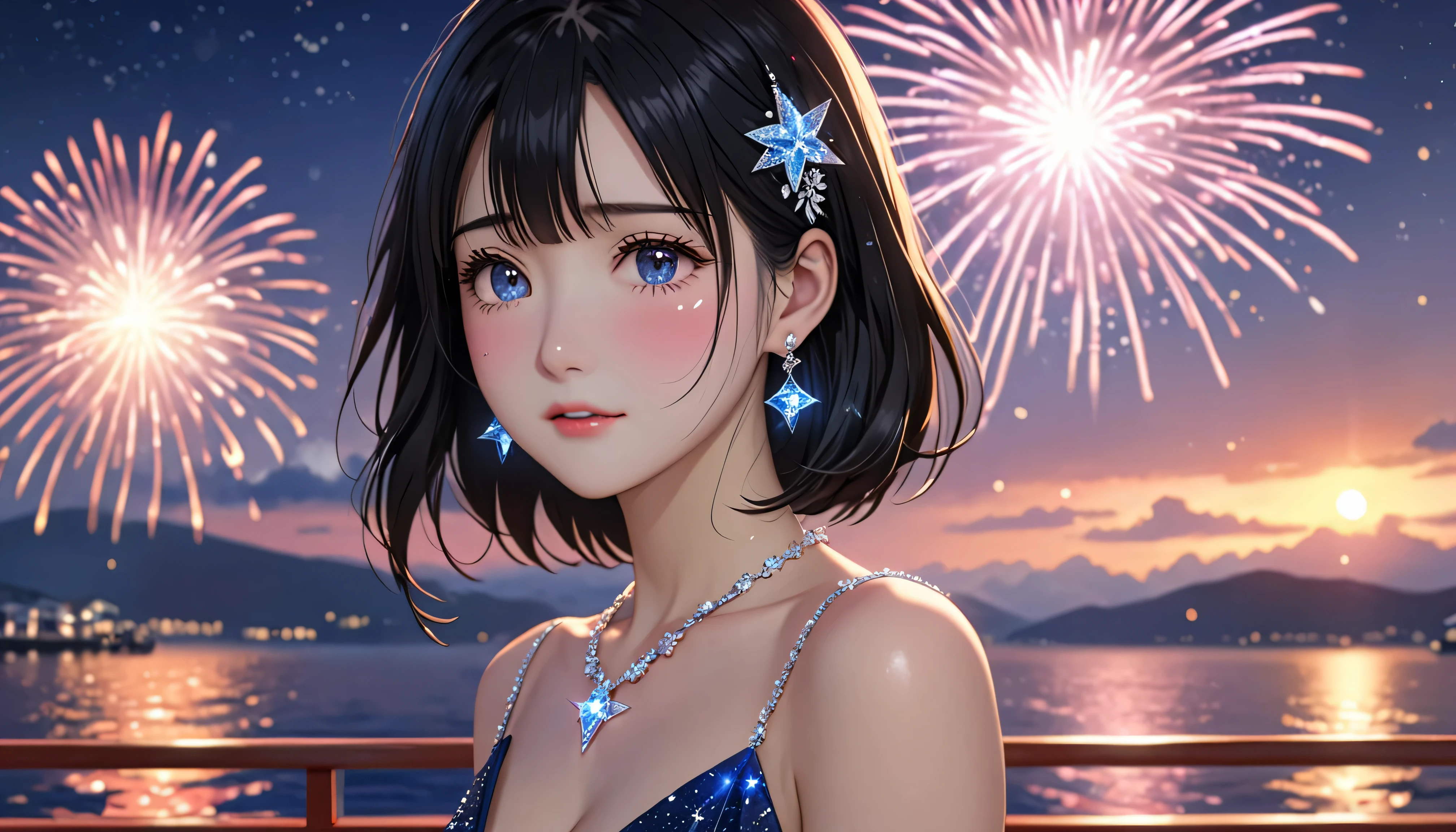 National Science Foundation,masterpiece,High resolution,8K,Art,digit,Three-dimensional,Realism,Kyoto Animation Style,your name movie style,Facing the camera,Soft Light,Glowing skin,(1 female: 1.3),(alone: 1.4),(((Long black hair))),(Gorgeous,sparkling evening gown),(Swarovski crystals on gorgeous evening gown),(Six-pointed star crystal hairpin),(Hexagram crystal necklace),(Hexagram crystal earrings),Long eyelashes,slender legs,Short Bob,Fireworks at sea,Close-up of upper body,(outdoor,on a cruise ship),Starry eyes,(blush),(shy),(shy),(((cry))),(((shed tears))),(((feel sad)))