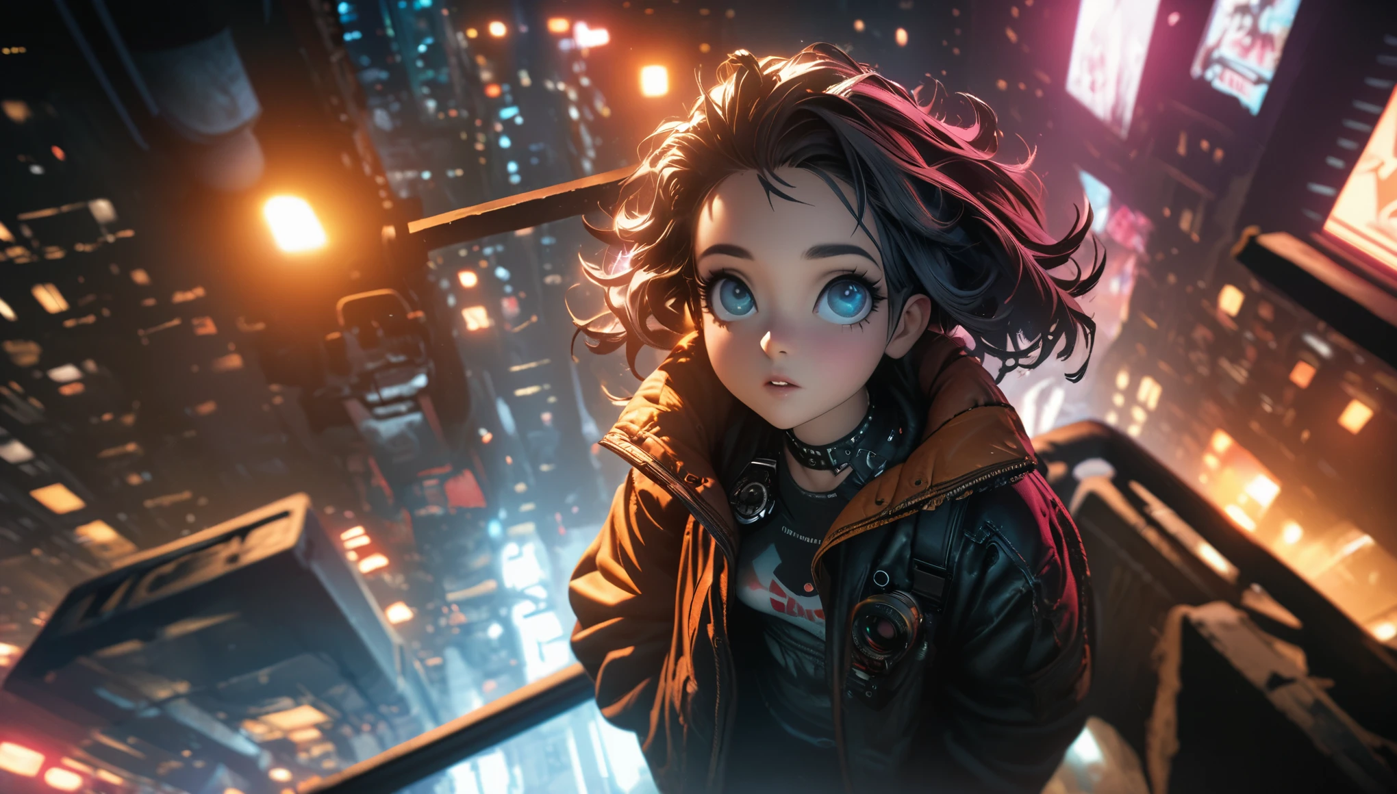 Looking up，low angle view，Punk girl standing on the city rooftop，Full body portrait，Celluloid style，Flat coating，HD，CG Art，comics，8K，Looking at the camera，high quality，illustration，Depth of Field，CG Art，Movie Lighting，8K，Ultra Detailed，complex，OC Renderer，cinematic perspective，high resolution