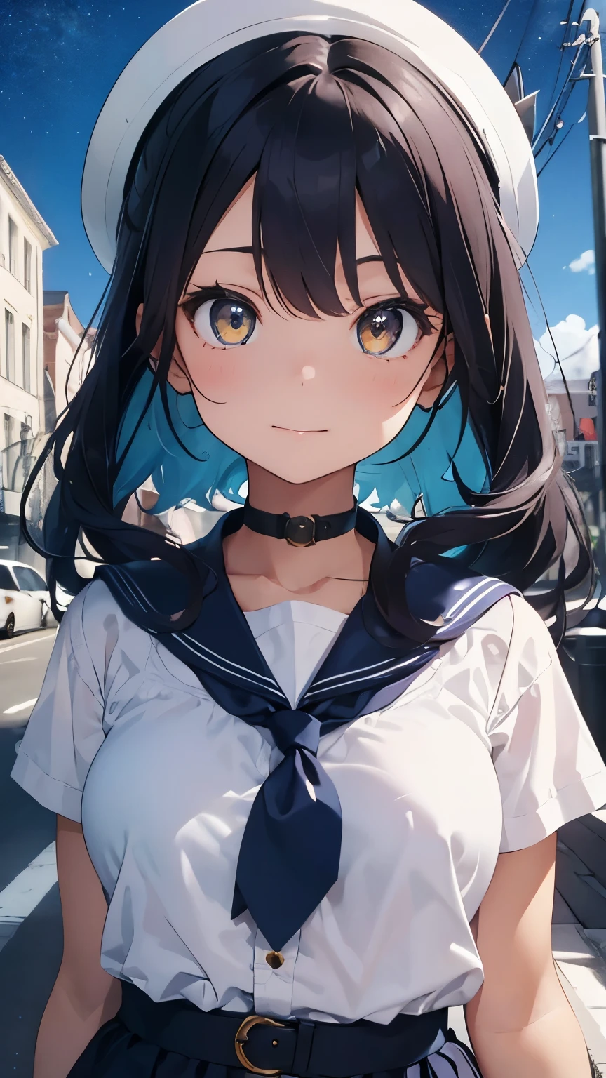 Create a vibrant and lively digital artwork of a medium shot bust of a beautiful sailor-suited girl with navy blue hair and yellow eyes. The focus should be on her face, showcasing her youthful charm and innocence. The background should be minimalistic, with soft pastel colors that complement the girl's vibrant appearance. The artwork should evoke a sense of joy and optimism, capturing the essence of youth and beauty