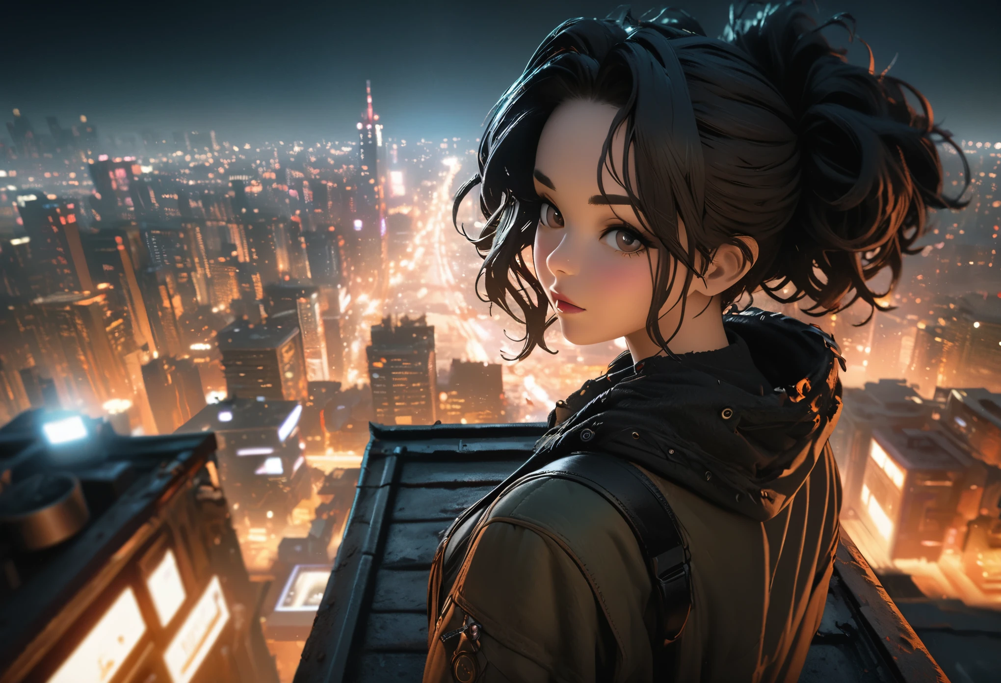 Overlooking,Punk girl standing on the city rooftop,Full body portrait,Celluloid style,Flat coating,HD,CG Art,comics,8K,Looking at the camera,high quality,illustration,Depth of Field,CG Art,Movie Lighting,8K,Ultra Detailed,complex,OC Renderer,cinematic perspective,high resolution