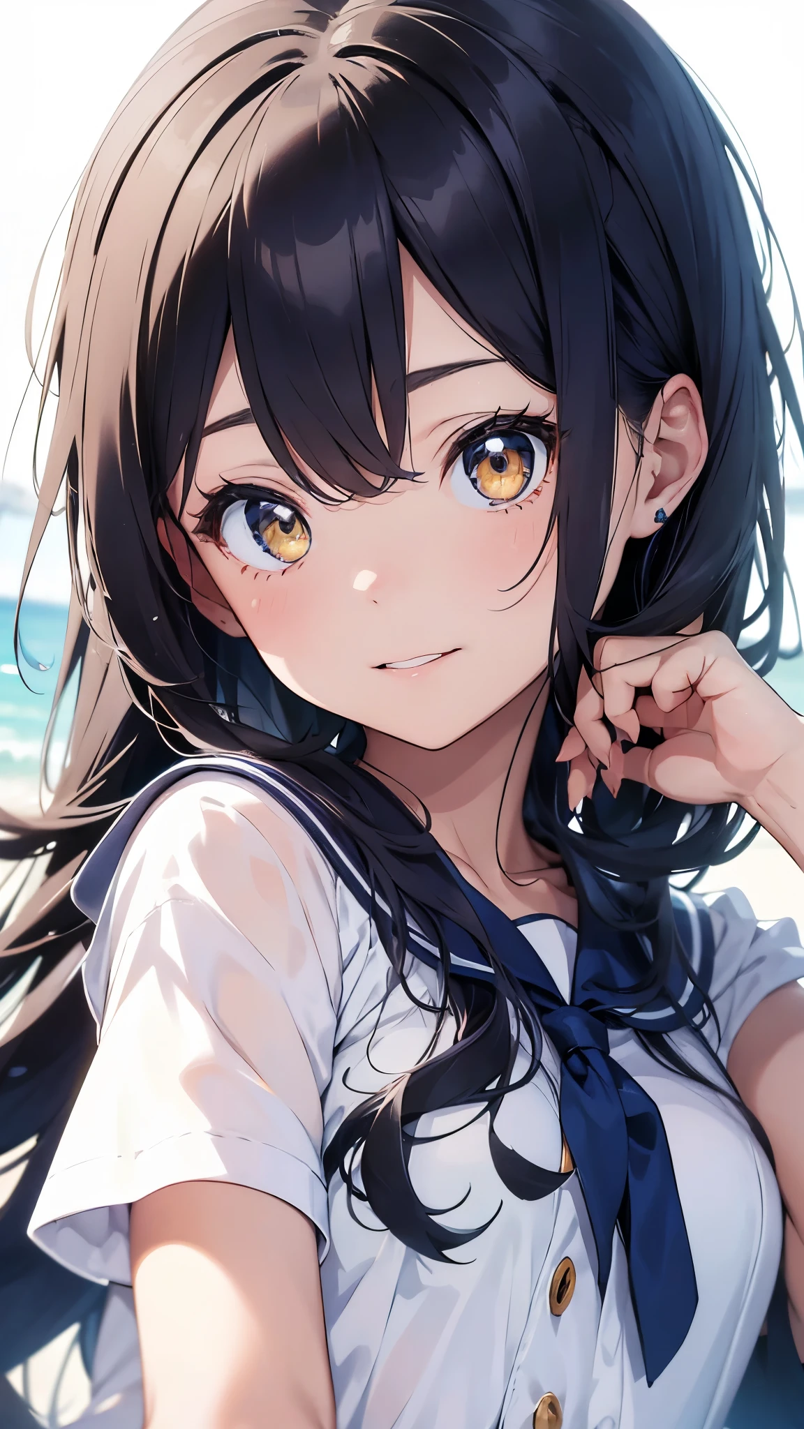 Create a vibrant and lively digital artwork of a medium shot bust of a beautiful sailor-suited girl with navy blue hair and yellow eyes. The focus should be on her face, showcasing her youthful charm and innocence. The background should be minimalistic, with soft pastel colors that complement the girl's vibrant appearance. The artwork should evoke a sense of joy and optimism, capturing the essence of youth and beauty