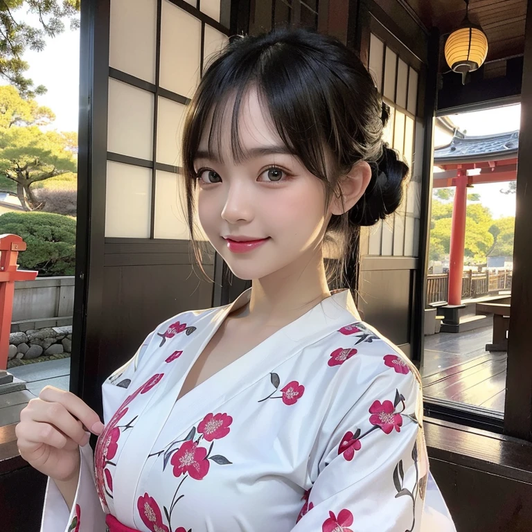 
highest quality, High resolution, (Realistic:1.2), 1 beautiful Japanese girl, Happy smile, High definition eyes, (Large eyes with thick, well-defined double eyelids:1.4), Droopy eyes, Dimples, Black Hair, Updo, Slender body, Small breasts, Traditional Japanese Kimono, Flower pattern kimono, Japanese Shrines, torii, Zen, noon, Bright light, 