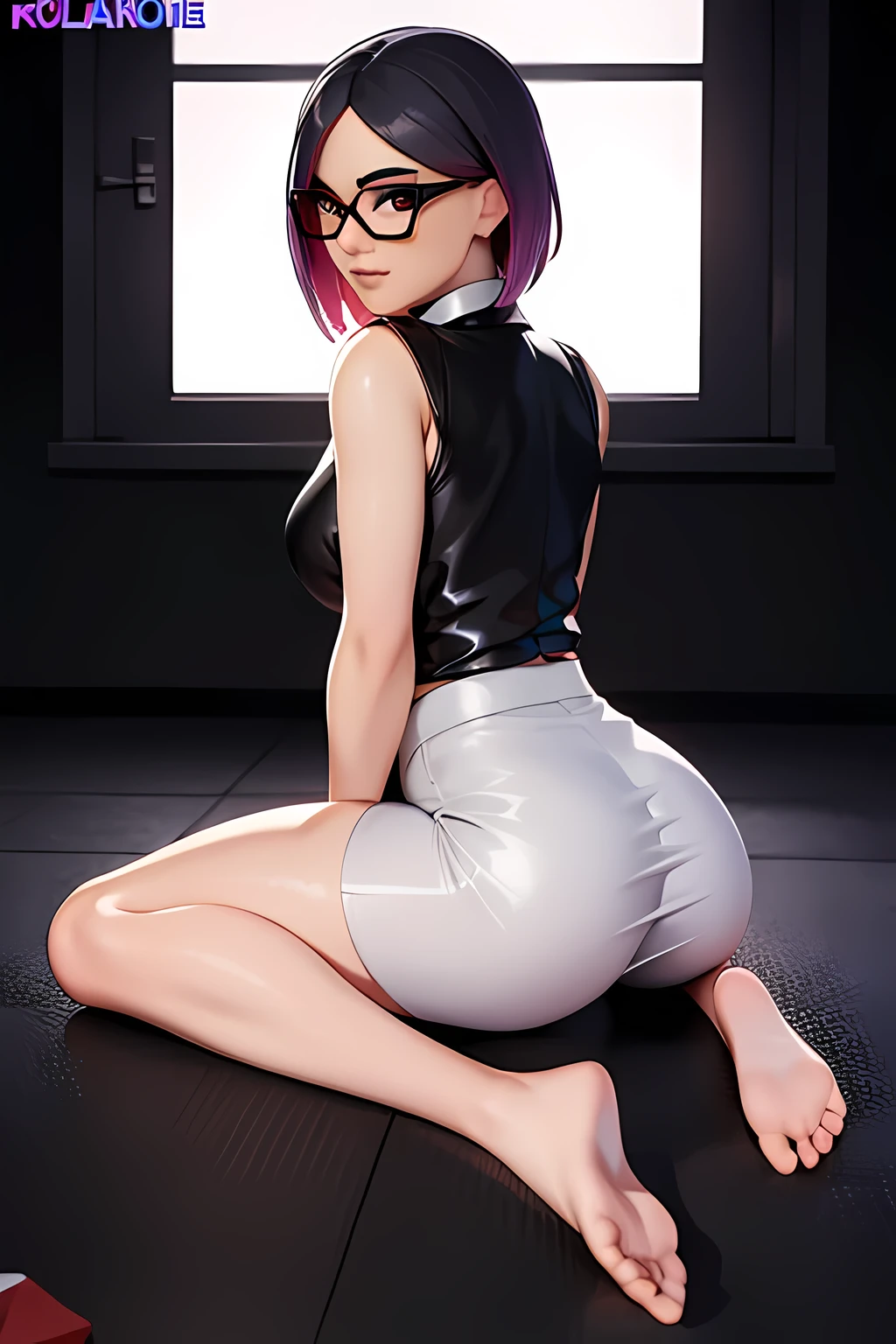Traje de lino Cyberpunk, Noche, Extremadamente detallado Rostro detallado ojos finos falda negra, medias negras con tacones, blusa con cuello Blanca, gafas, looking back at the viewer,