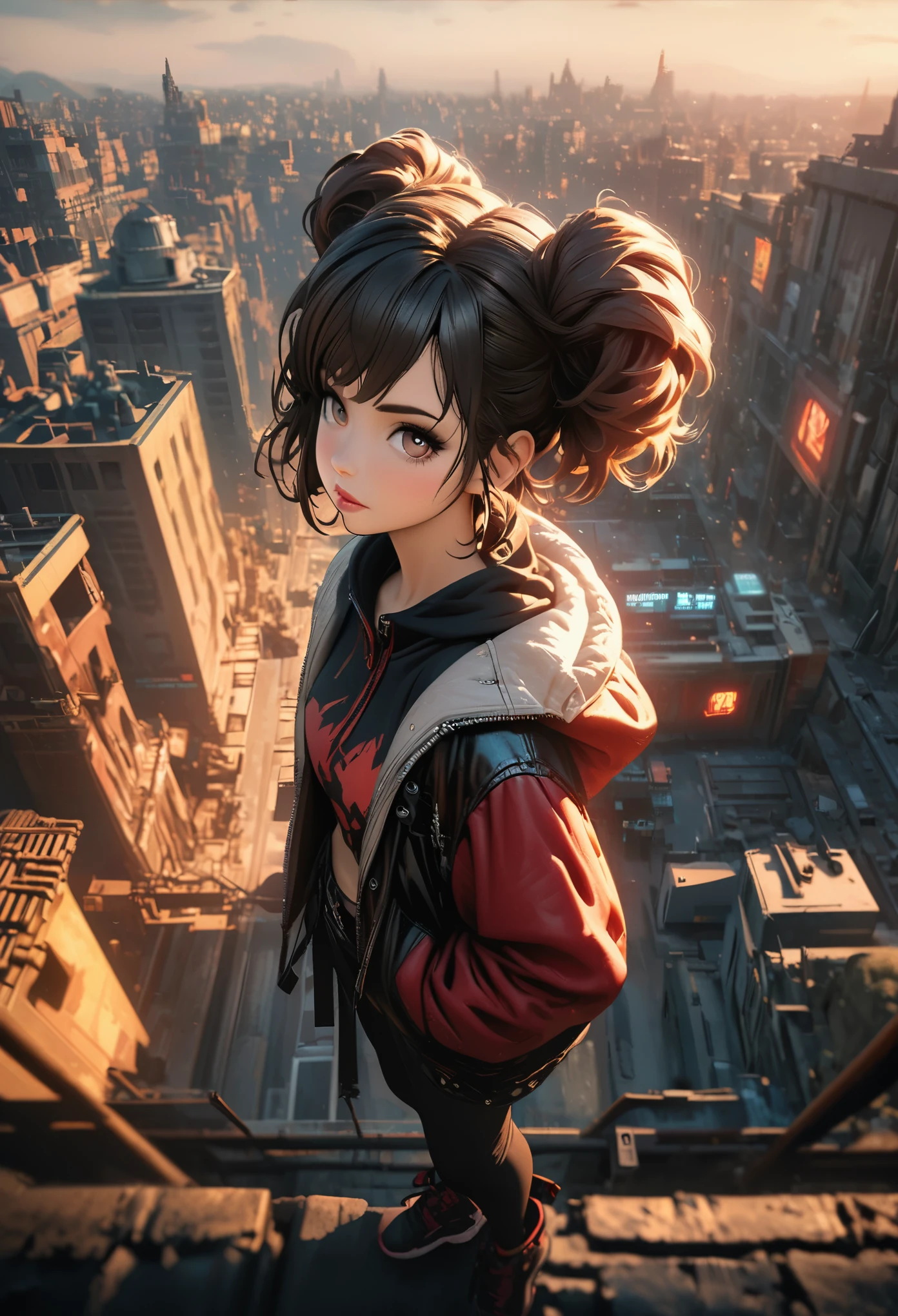 Overlooking,Punk girl standing on the city rooftop,Full body portrait,Celluloid style,Flat coating,HD,CG Art,comics,8K,Looking at the camera,high quality,illustration,Depth of Field,CG Art,Movie Lighting,8K,Ultra Detailed,complex,OC Renderer,cinematic perspective,high resolution
