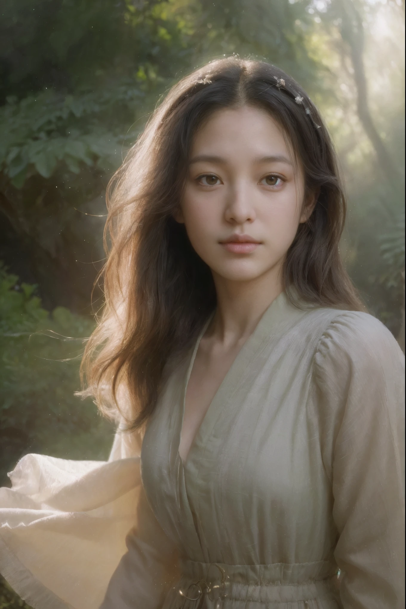 (best quality,4k,highres,masterpiece:1.2),ultra-detailed,realistic:1.37,portrait,illustration,oil painting,detailed eyes,detailed lips,long eyelashes,beautiful girl,fantasy theme,enchanted forest,magical atmosphere,morning light,fairy tale,soft color palette,natural elements,mossy trees,whimsical creatures, ethereal glow,mystical staff,flowing robes,delicate features,wavy hair,rays of sunlight,serene expression,positional light,subtle shadows,artistic brushstrokes,dreamlike texture,depth and dimension,impressive level of detail,radiant beauty,vivid colors,fantasy world,peaceful ambiance