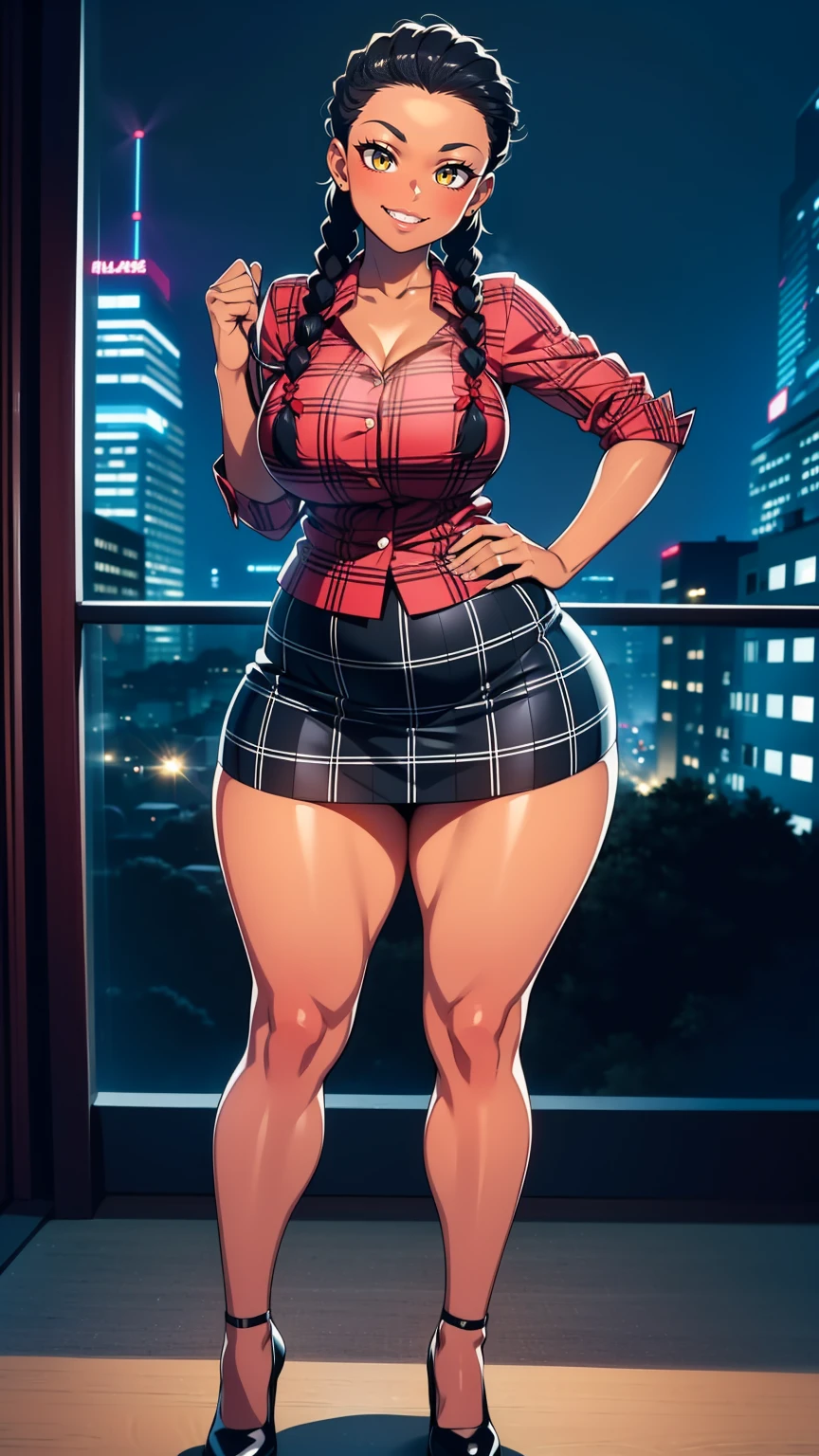 4K Quality, grinning, sexy pose, (black plaid skirt), standing up, ((black and red braids)), (dark skinned), thick thighs, big breasted, big ass, looking at viewer, amber eyes, night time, bedroom eyes, full body, city background, perfect face, perfect body, perfect eyes, full lips,