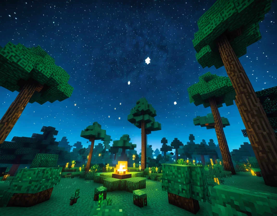Minecraft noche estrellada en el bosque