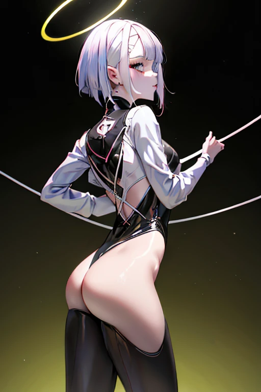 Obra maestra, mejor calidad, ultra detallado, 1 chica, animal_orejas, CULO, Backless_leotard, doblado_encima, negro_leotard, negro_muslos, senos, cerrado_boca, Dutch_angle, falso_animal_orejas, de_behind, gris_Background, cabello_Bien, halo, heart, leotard, luz_rubor, Largo_cabello, mirando_en_espectador, mirando_Back, bajo_alas, medio_senos, rosa_cabello, rosa_halo, playboy_Bienny, conejo_orejas, simple_Background, soltero_side_Bien, sonrisa, solo, Sin tirantes, Sin tirantes_leotard, muslos, muy_Largo_cabello, blanco_alas, alas, yelbajo_eyes, big ass, t back, thong