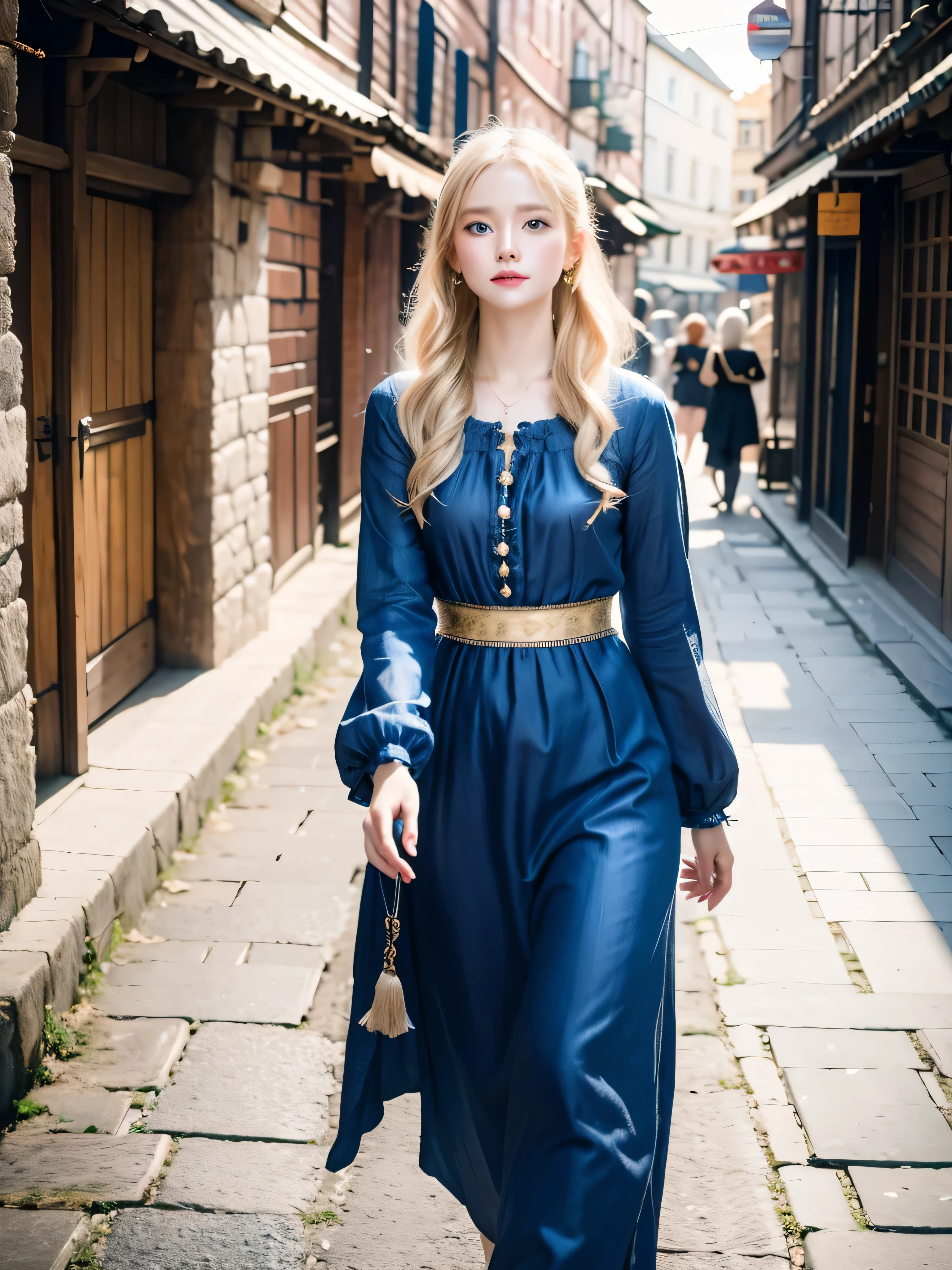 best quality, masterpiece, realistic photo, intricate details, raw photo, ultra detailed, old fashioned young woman, with peasant style dress, no necklines, blonde hair, perfect detailed and blue eyes, walking in an old city, HD quality, 8K, young woman, 20 years old