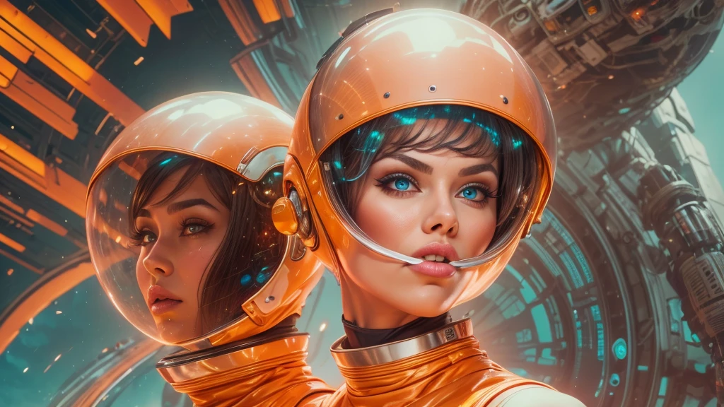 arafed image of a white woman in a futuristic suit with a spaceship in the background, movie art, in front of an orange background, inspired by Robert McGinnis, female protagonist, megastructure in the background, portrait of an ai astronaut, astronauts, an astronaut, portrait of a astronaut skeletor, perfect android girl, detailed eyes, perfectly detailed teeth, frank franzzeta and sakimichan