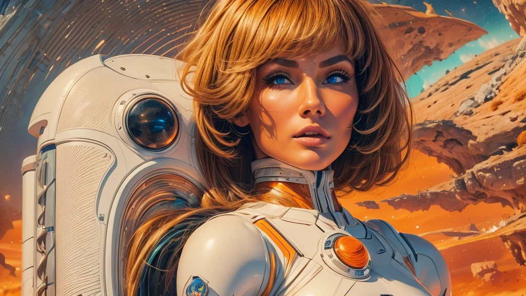 arafed image of a white woman in a futuristic suit with a spaceship in the background, movie art, in front of an orange background, inspired by Robert McGinnis, female protagonist, megastructure in the background, portrait of an ai astronaut, astronauts, an astronaut, portrait of a astronaut skeletor, perfect android girl, detailed eyes, perfectly detailed teeth, frank franzzeta and sakimichan  