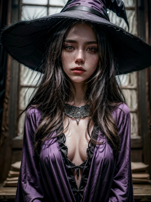 "((top-quality)), ((tmasterpiece)), (detaileds: 1.4),Black wizard,realistic clothes,witch hat,purple clothes witch,witchcraft,beautiful women, bosom
