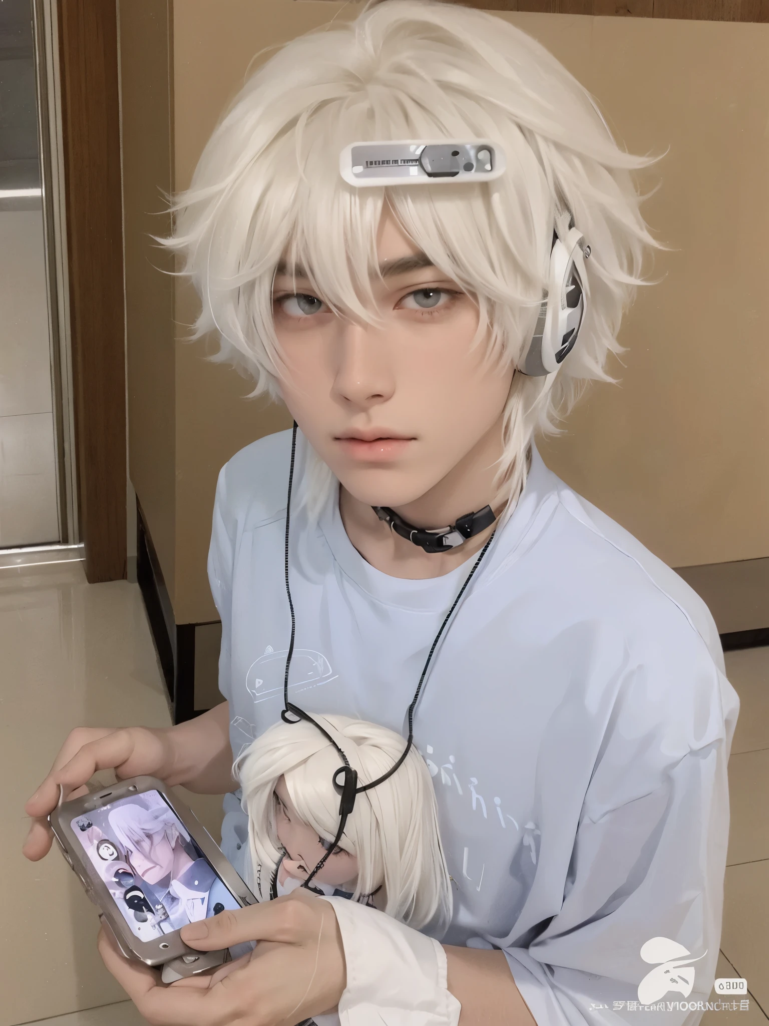 there is a boy in a white wig and headphones holding a cell phone, cabello blanco ondulado desordenado, pintar ulzzang, con el pelo largo y blanco, vibraciones de anime, inspirado en anime, estilo anime masculino, chico anime, flequillo blanco, xqc, con pelo largo y blanco, como personaje de anime, handsome japanese demon boy, aesthetic anime, pelo blanco, pelo blanco plateado