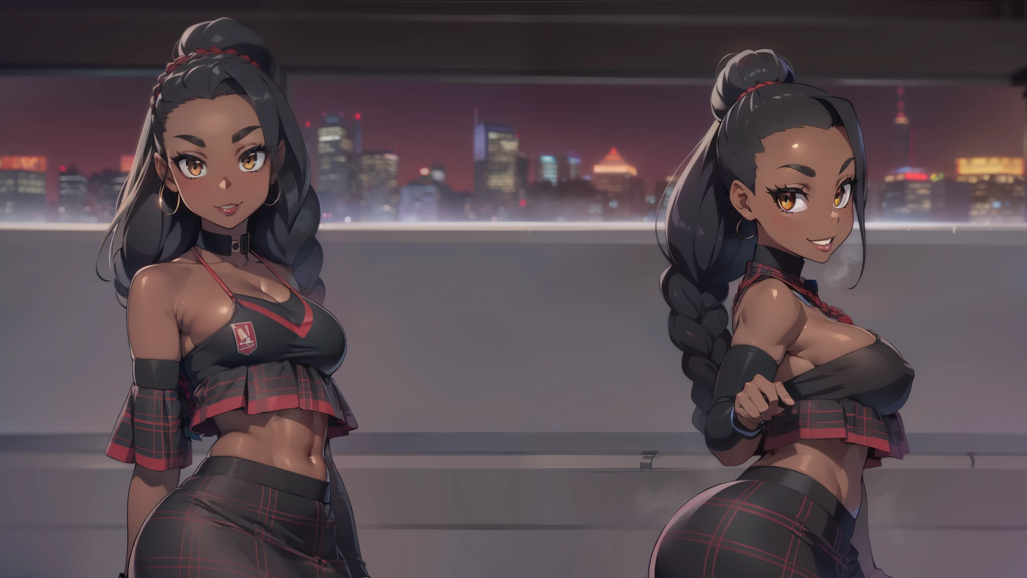 4K Quality, grinning, sexy pose, (black plaid skirt), standing up, ((black and red braids)), (dark skinned), thick thighs, big breasted, big ass, looking at viewer, amber eyes, night time, bedroom eyes, full body, city background, perfect face, perfect body, perfect eyes, full lips, close up full body shot,
