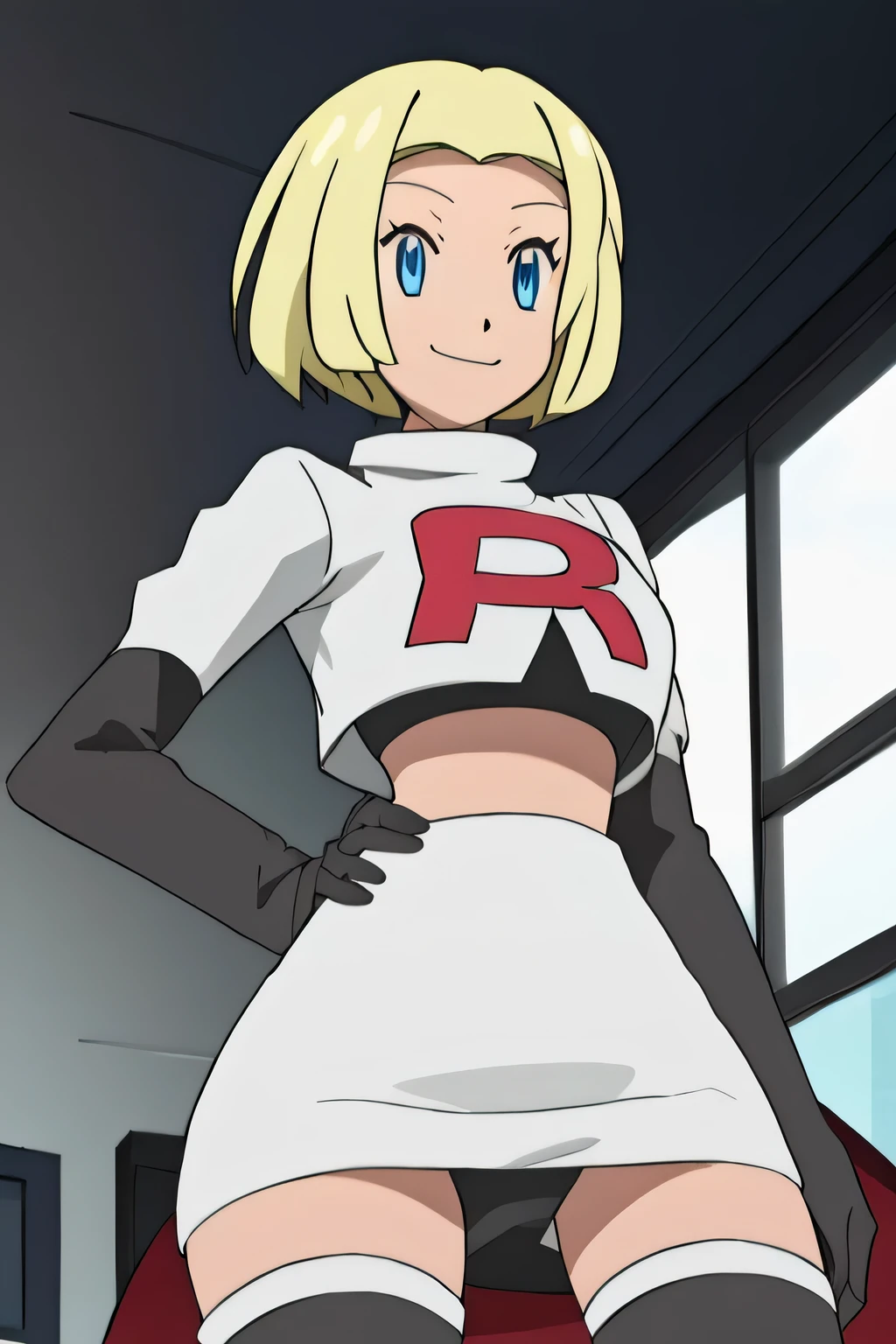 masterpiece,best quality,high res,high quality,8k, masterpiece,highres, team rocket uniform, red letter r, white skirt,white crop top,black thigh-high boots, black elbow gloves, evil smile, looking down at viewer, hands on hips, cowboy shot, zettai ryouiki,spread legs,from below, black panties,anime style, vivid colors, sharp focus, intense lighting,Theresia Caroline,short hair,blonde hair,blue eyes