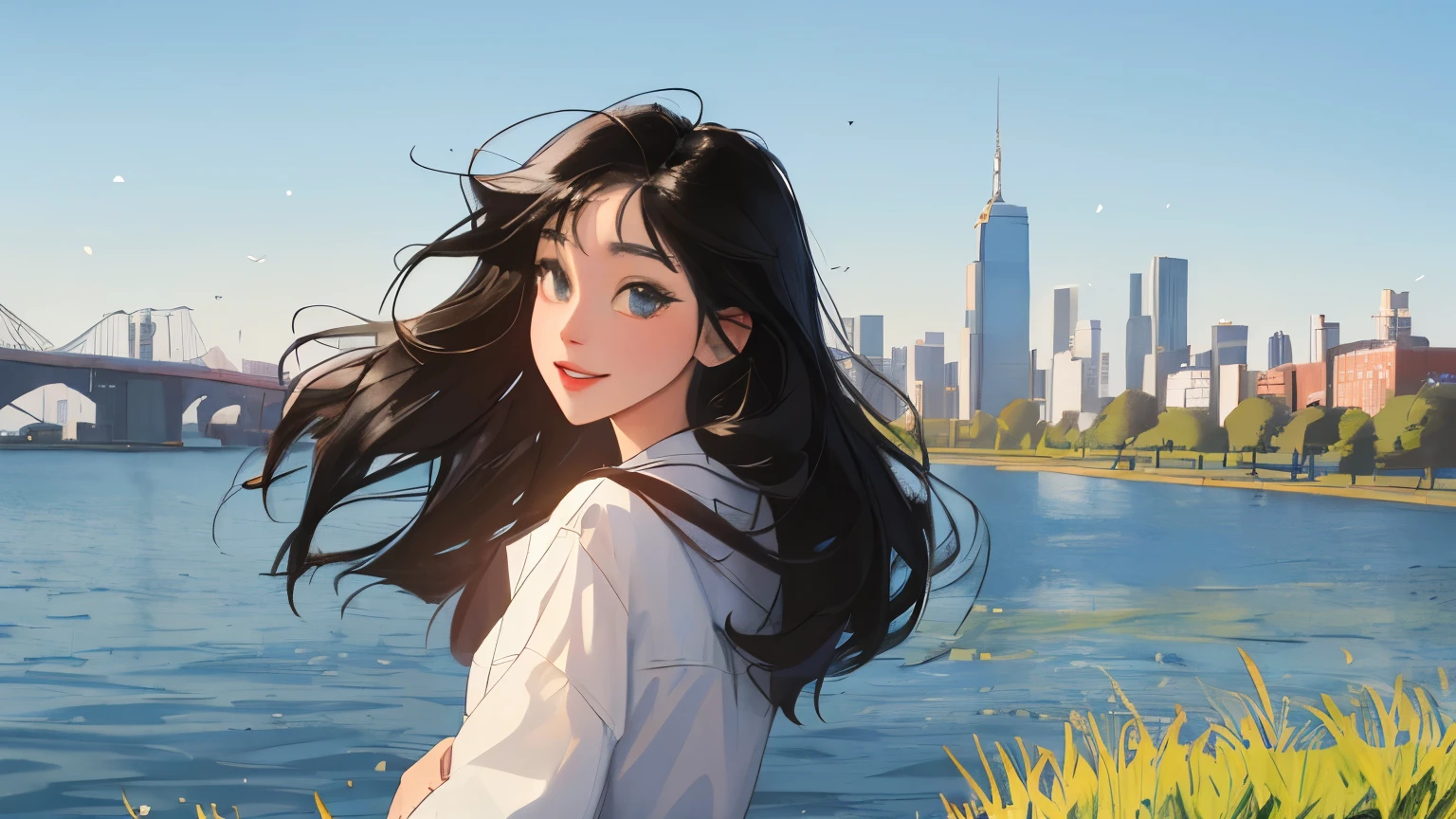 ((masterpiece)),(((bestquality))),((ultra-detailed)) realisticlying, 1 girl, Beautiful, black hair, happy, whire, solo, morning, blue sky, looking to viewer, city, lake, park.
