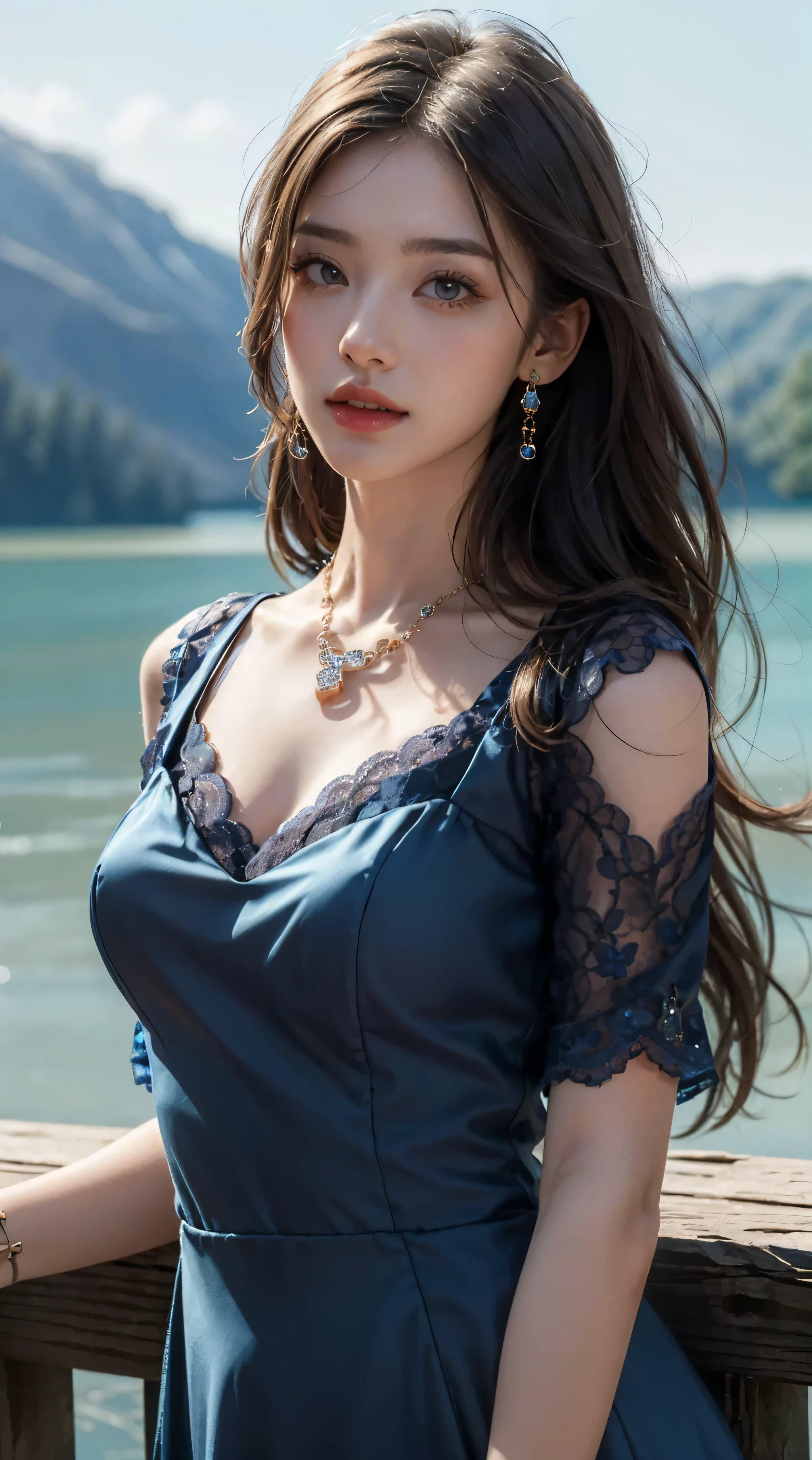 8k, masterpiece, 1 girl, beautiful face, very long hair, light makeup, detailed eyes, detailed lips, small bust, detailed dress, blue dress, (wearing jewellery:1.8), (blue lace:1.4), ((lake:1.4)),