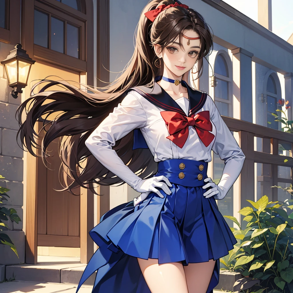best quality, (masterpiece:1.2), highly detailed, standing, outdoors, building, school, FEMALE hand on hips 1girl, solo, standing, looking at the viewer, smile, sign to viewer brown hair, ponytail, brown eyes, scrunchie, (sailor senshi uniform), circlet, jewelry, earrings, choker, red bow, white gloves, elbow gloves, blue skirt