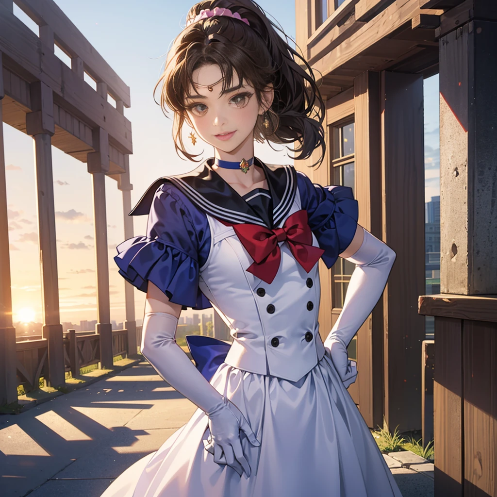 best quality, (masterpiece:1.2), highly detailed, standing, outdoors, building, school, FEMALE hand on hips 1girl, solo, standing, looking at the viewer, smile, sign to viewer brown hair, ponytail, brown eyes, scrunchie, (sailor senshi uniform), circlet, jewelry, earrings, choker, red bow, white gloves, elbow gloves, blue skirt
