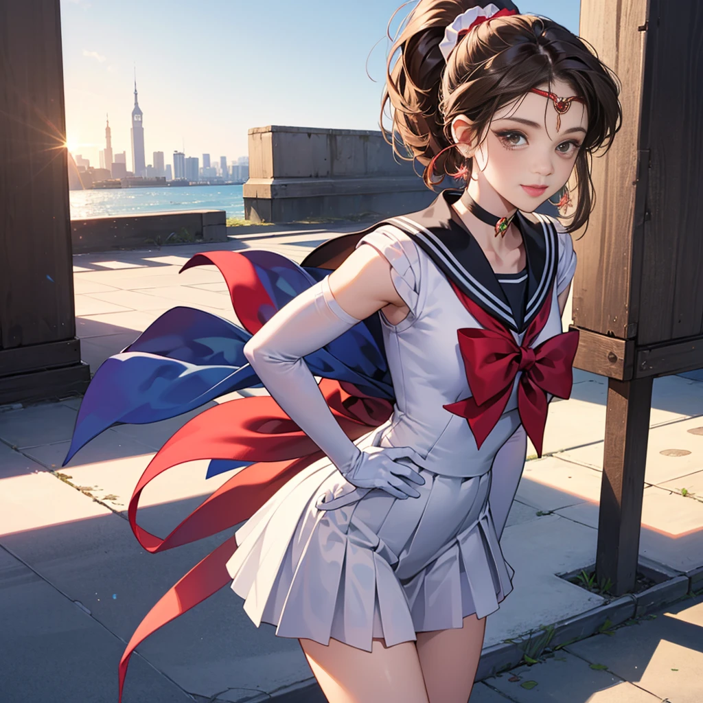 best quality, (masterpiece:1.2), highly detailed, standing, outdoors, building, school, FEMALE hand on hips 1girl, solo, standing, looking at the viewer, smile, sign to viewer brown hair, ponytail, brown eyes, scrunchie, (sailor senshi uniform), circlet, jewelry, earrings, choker, red bow, white gloves, elbow gloves, blue skirt