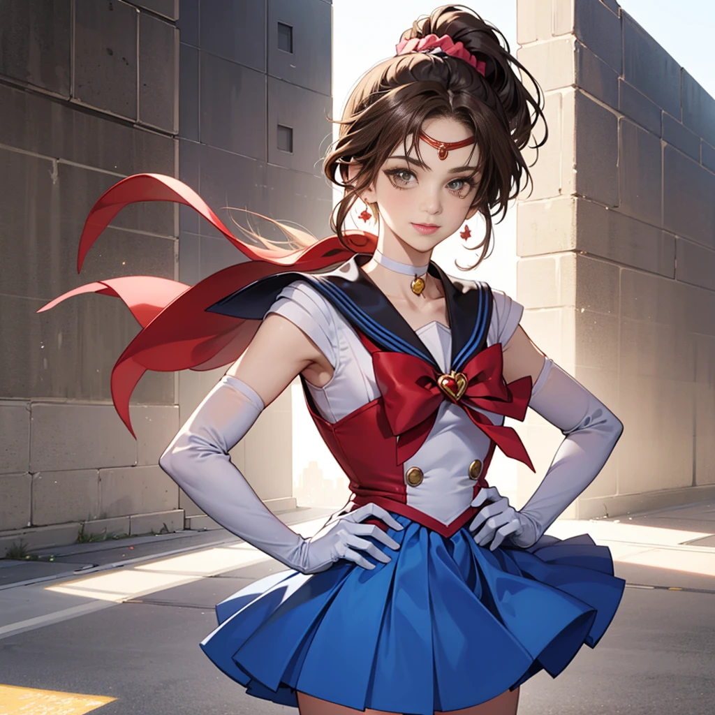 best quality, (masterpiece:1.2), highly detailed, standing, outdoors, building, school, FEMALE hand on hips 1girl, solo, standing, looking at the viewer, smile, sign to viewer brown hair, ponytail, brown eyes, scrunchie, (sailor senshi uniform), circlet, jewelry, earrings, choker, red bow, white gloves, elbow gloves, blue skirt