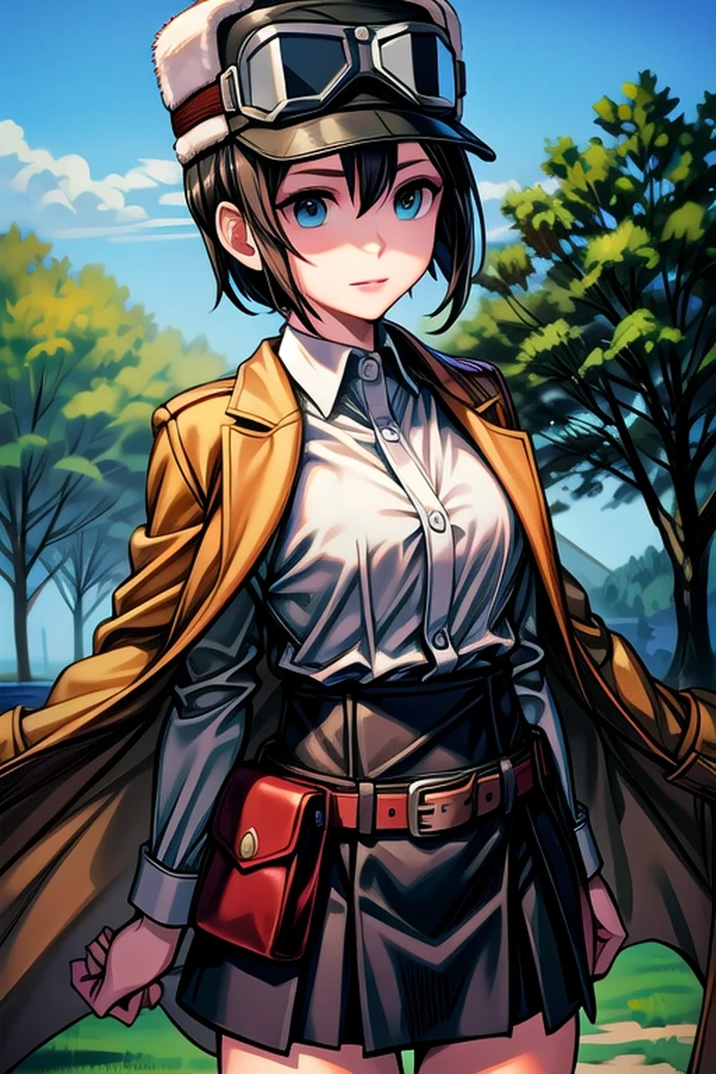 best quality, best quality, ultra-detailed, highres,sharp focus,(ultra detailed,extremely detailed), 1girl,(masterpiece, best quality), masterpiece, best quality, absurdres, highres, best quality, kino \(kino no tabi\), outdoors, goggles on head, long sleeves, hat, jacket, white shirt, belt, tree, coat, brown jacket, fur hat, goggles on headwear, leather belt, goggles, outdoors, cowboy shot,
