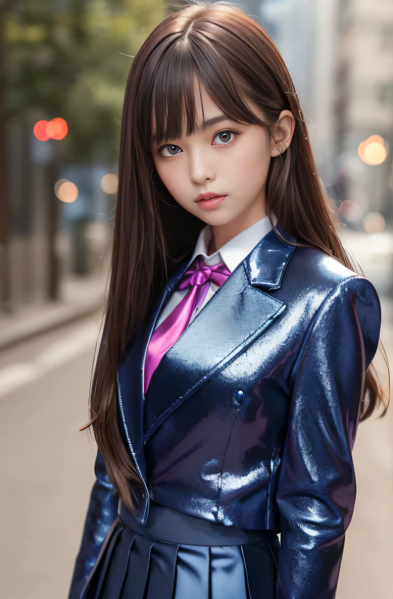 Angelic Very beautiful cute girl,11 yo,
Beautiful detailed eyes,
Detailed double eyelids,
(Large eyes:1.4),
Long straight brown hair,
see-through bangs,
Sharp Focus,small straight nose,
beautiful detailed face and eyes,
drooping eyes,
(Soft Saturation: 1.3), (Fair skin: 1.2),BREAK (super shiny metallic dark blue blazer:1.3),(metallic pearl white school blouse),(shiny metallic bright pink neck ribbon tie:1.2),(super shiny metallic dark blue pleated skirt :1.5),(school uniform with super reflective surfaces:1.5),Walking,
Costume lighting,
In the street ,
(Brown hair:1.3),