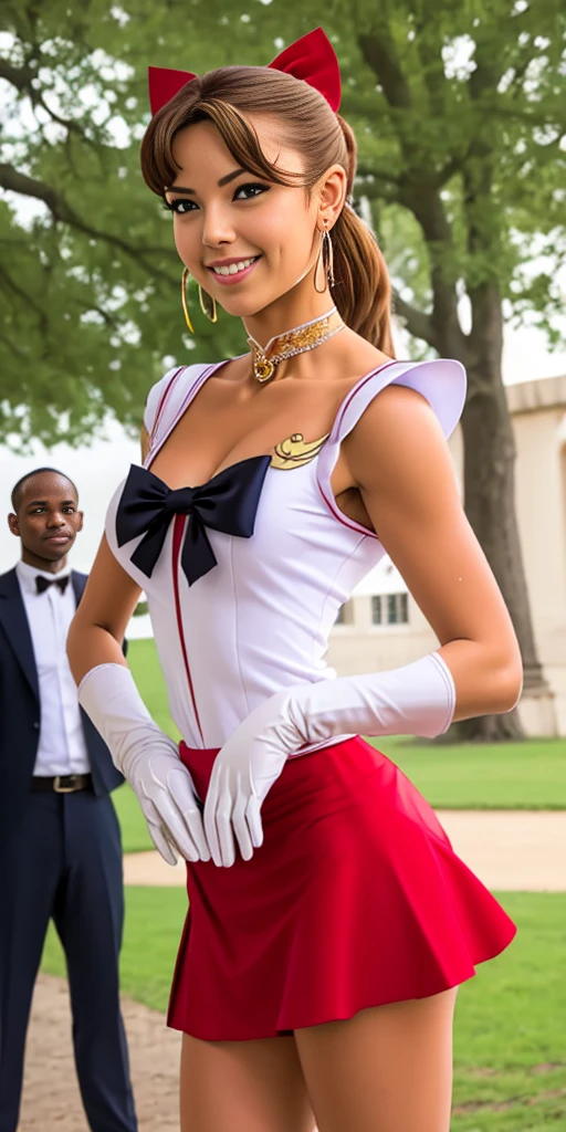 best quality, (masterpiece:1.2), highly detailed, standing, outdoors, building, school, FEMALE hand on hips 1girl, solo, standing, looking at the viewer, smile, sign to viewer brown hair, ponytail, brown eyes, scrunchie, (sailor senshi uniform), circlet, jewelry, earrings, choker, red bow, white gloves, elbow gloves, blue skirt