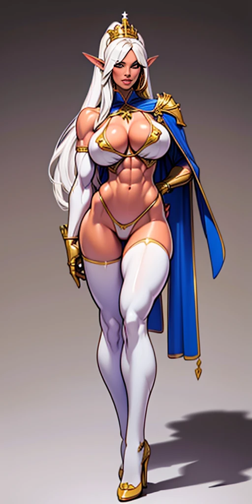 extremely long hair , ponytail, perfect anatomy 1 girl tall solo, slim thick, ((muscular)) high elf toned body, silver breast plate, blue cape, slendered abs, hourglass waist, detailed face, defined cheekbones, puffy lips, gauntlets, gold crown, shadow over eyes, looking at viewer, masterpiece, white thigh highs lingerie, high heels