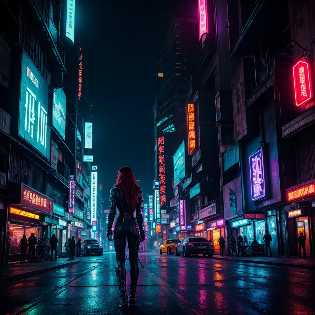 (highres:1.2),beautiful Asian,fierce red hair,(cyberpunk:1.1),night,(futuristic:1.1),weapons,long flowing hair,(neon lights:1.1),intense eyes,urban cityscape,dark alleyway,glowing tattoos,technological advancements,glistening raindrops,imposing silhouette,mysterious aura,sharp-edged dual blades,reflective chrome surfaces,pulsating energy,enhanced cybernetic implants,intoxicating blend of cultures,mesmerizing neon signs,secrets lurking in the shadows,thrilling adrenaline rush,electric atmosphere,limitless possibilities,computerized enhancements,sleek cyber armor,impressive martial arts skills,commanding presence,surreal holographic projections,urban warriors,unleashed power,cybernetic augmentation,illuminated skyscrapers,electronic music reverberating through the air,feather-like footsteps,neon-lit eyes piercing through the darkness,cascading colors,blurring boundaries between human and machine,unleashing boundless creativity.