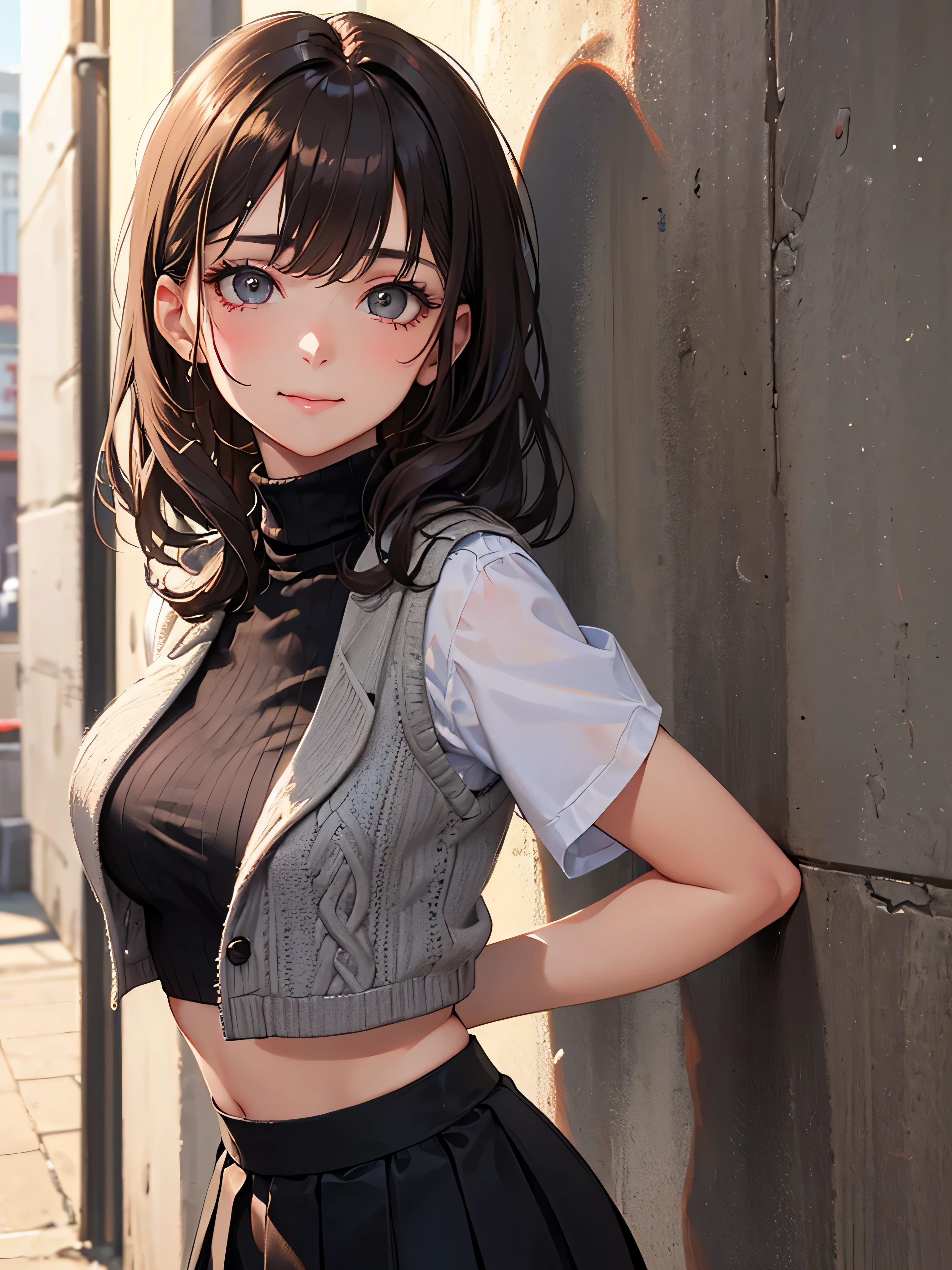 (8k, RAW Photos, 最high quality, masterpiece: 1.2), High quality RAW color photo, Professional photo shoot, Cinematic Light, alone, (((young woman, Gal))), (Sharp features), (Small face), (Skin with attention to detail: 1.2), clavicle, Cute face, Beautiful appearance, Clean your eyelashes, (brown hair, Brown eyes), (Beautiful breasts), (Slim figure:1.4), very detailed face and skin texture, Fine grain, double eyelid, Look to the side, Place your hands behind your back, ((Shortcuts, Wavy Hair)), ((Laughing with your mouth open:1.2)), Big Breasts, Normal hip joint, Cowboy Shot, (((turtleneck knit:1.5, Grey vest, Black culotte skirt:1.2))), Backstreets, lean against the wall, Smooth texture, Gazing Eyes, Beautiful Skin, Shiny skin, Perfect Fingers, Five Fingers, Anatomically correct, Background blur, high quality, Surreal, Bright colors, ((Very detailed, photo shoot)),