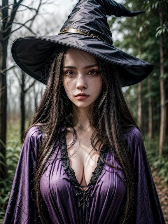 "((top-quality)), ((tmasterpiece)), (detaileds: 1.4),Black wizard,realistic clothes,witch hat,purple clothes witch,witchcraft,beautiful women, bosom