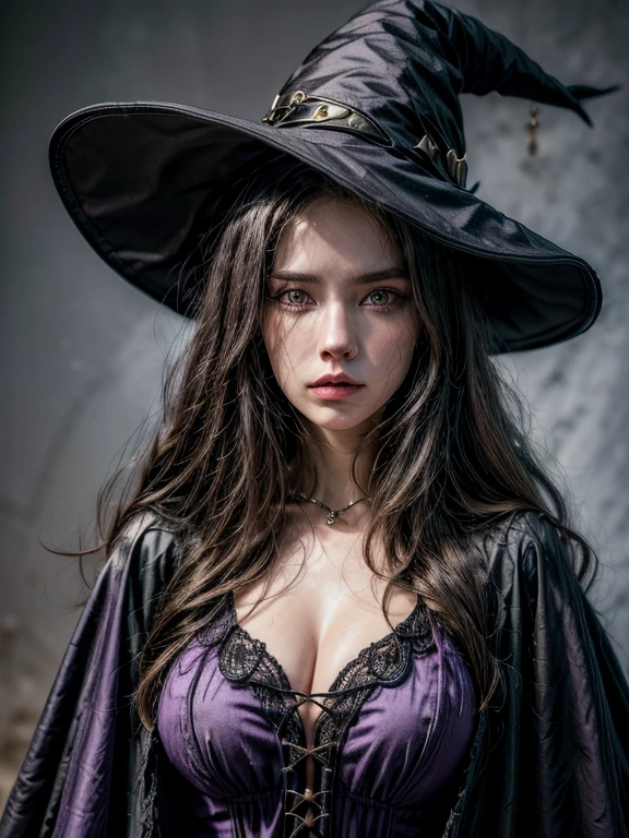 "((top-quality)), ((tmasterpiece)), (detaileds: 1.4),Black wizard,realistic clothes,witch hat,purple clothes witch,witchcraft,beautiful women, bosom