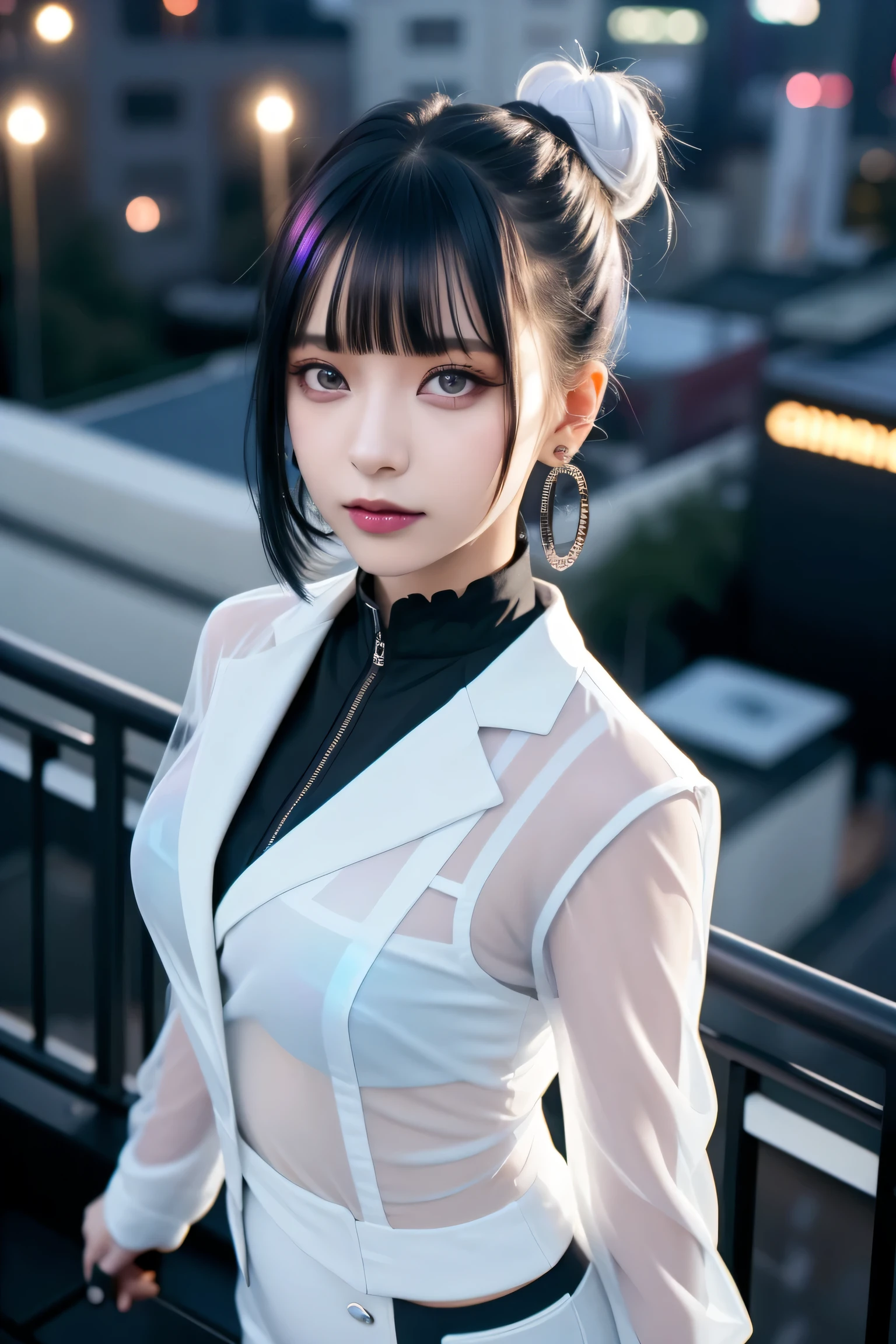 ((Building Rooftop: 1,3)), ((Goth_Punk, Alone, Medium Shot, Walking on Rooftop in Harajuku, ((Night)), Blur, Neon Light, Iridescent Eyes, Starry Sky, Glowing Black Hair, White Eyebrows, Shiny Hair, (Iridescent Black Hair), Earrings, Bun, Jewelry, Dull Bangs, Busy Eyes, Background Blur, Blur, Hair Adornment, Gaze, Short Hair, Portrait, Side Lock BREAK ((Swedish Girl, White Skin, White People)),((Women's Job Suit:1.3)), BREAK (Gal: 1. 1),(Glamour: 1. 3),(night),(supermodel: 1.3)),BREAK ((earrings, rings)), cowboy shot,((tall person)),((android)),((upward looking)),((top angle:1. 3)), from above, looking at camera,((event companion)),((thin see-through)) tight fitting underwear with straps))、Hip、Butt、Bend、