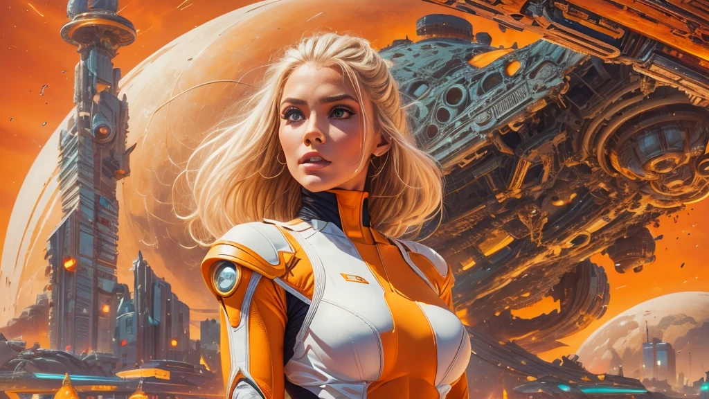 arafed image of a white woman in a futuristic suit with a spaceship in the background, movie art, in front of an orange background, inspired by Robert McGinnis, female protagonist, megastructure in the background, portrait of an ai astronaut, astronauts, an astronaut, portrait of a astronaut skeletor, perfect android girl, detailed eyes, perfectly detailed teeth, frank franzzeta and sakimichan