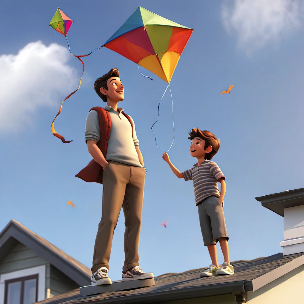 A father and young son (age 8) flying a kite while standing on the roof of their house