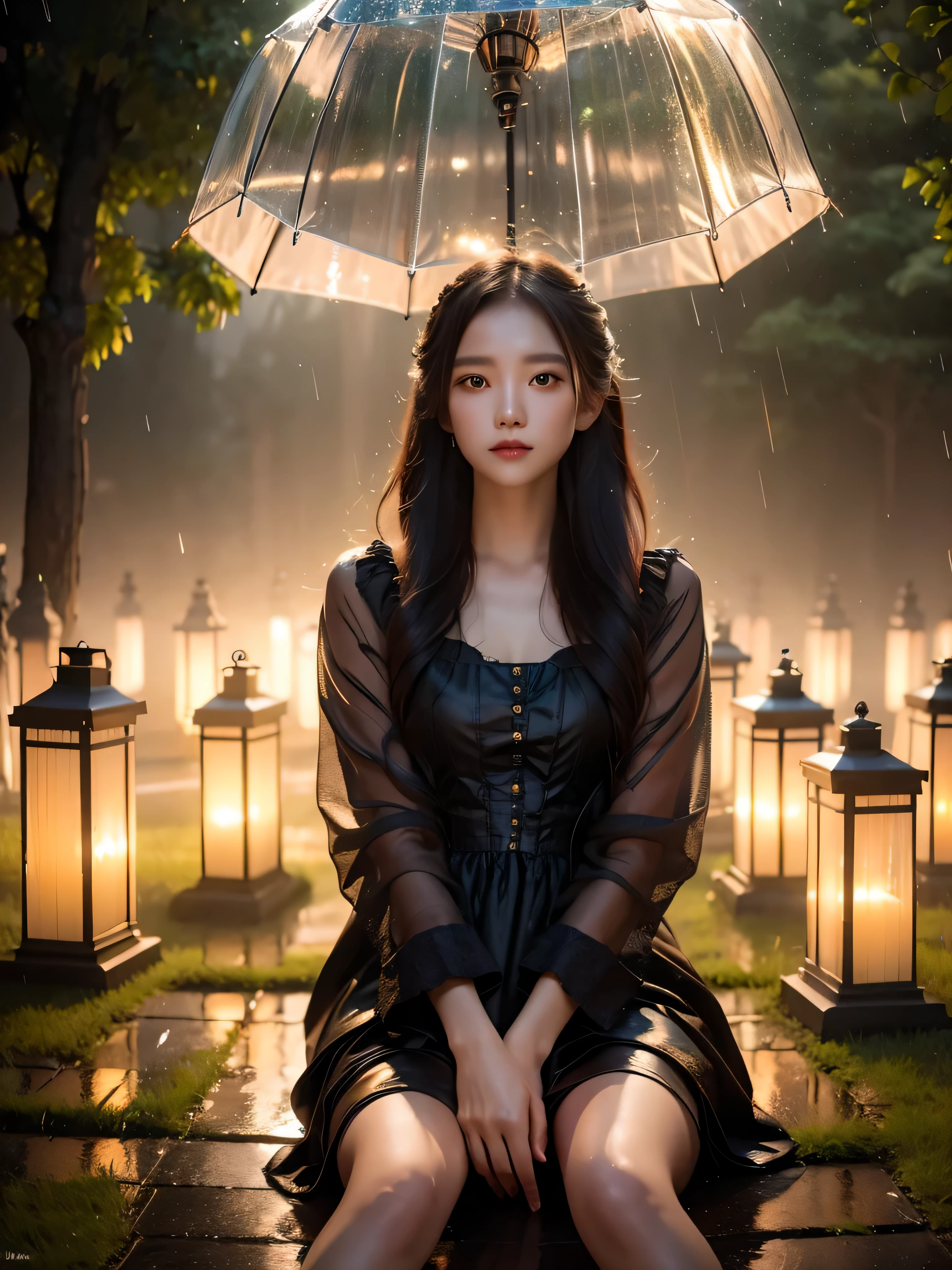 (extremely detailed CG unity 8k wallpaper), a beautiful young woman in the rain, dress, sitting, graveyard with lanterns, Style-Empire, (Style-Glass), (((surrealism))), full_body_shot, dramatic, backlit, light rays, volumetric lighting, detailed face, highly detailed, painting