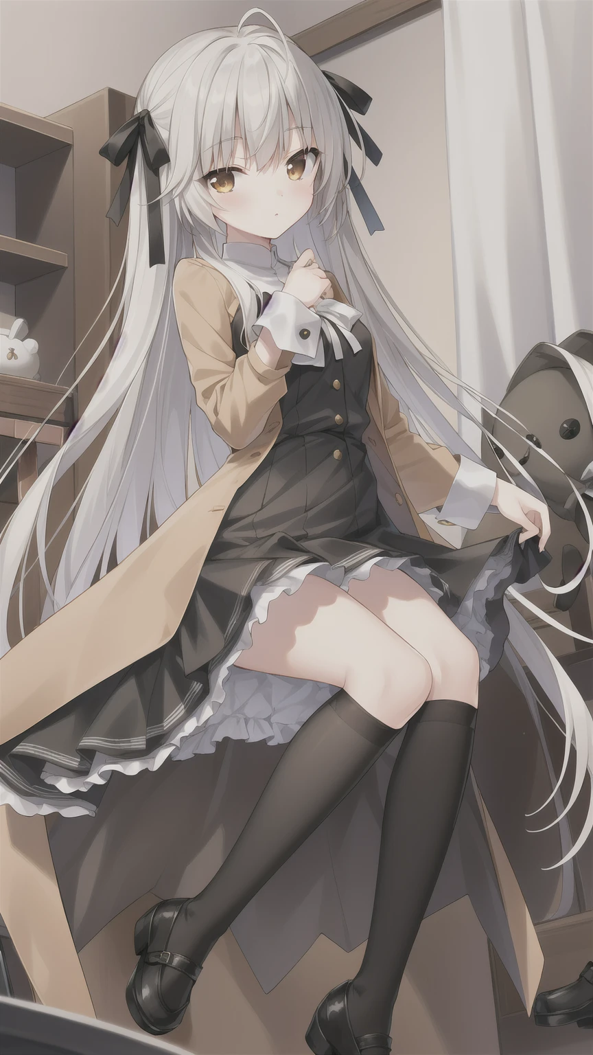 ((masterpiece:1.4, best quality)) ,Kasugano Sora,1 Cute girl,Brown eyes,Plush Toys,Stuffed Animals,stuffed bunny,,Happy,eternal，Black knee-high socks Jane Shoes，spring，Vibrant orange coat，Energetic and mischievous