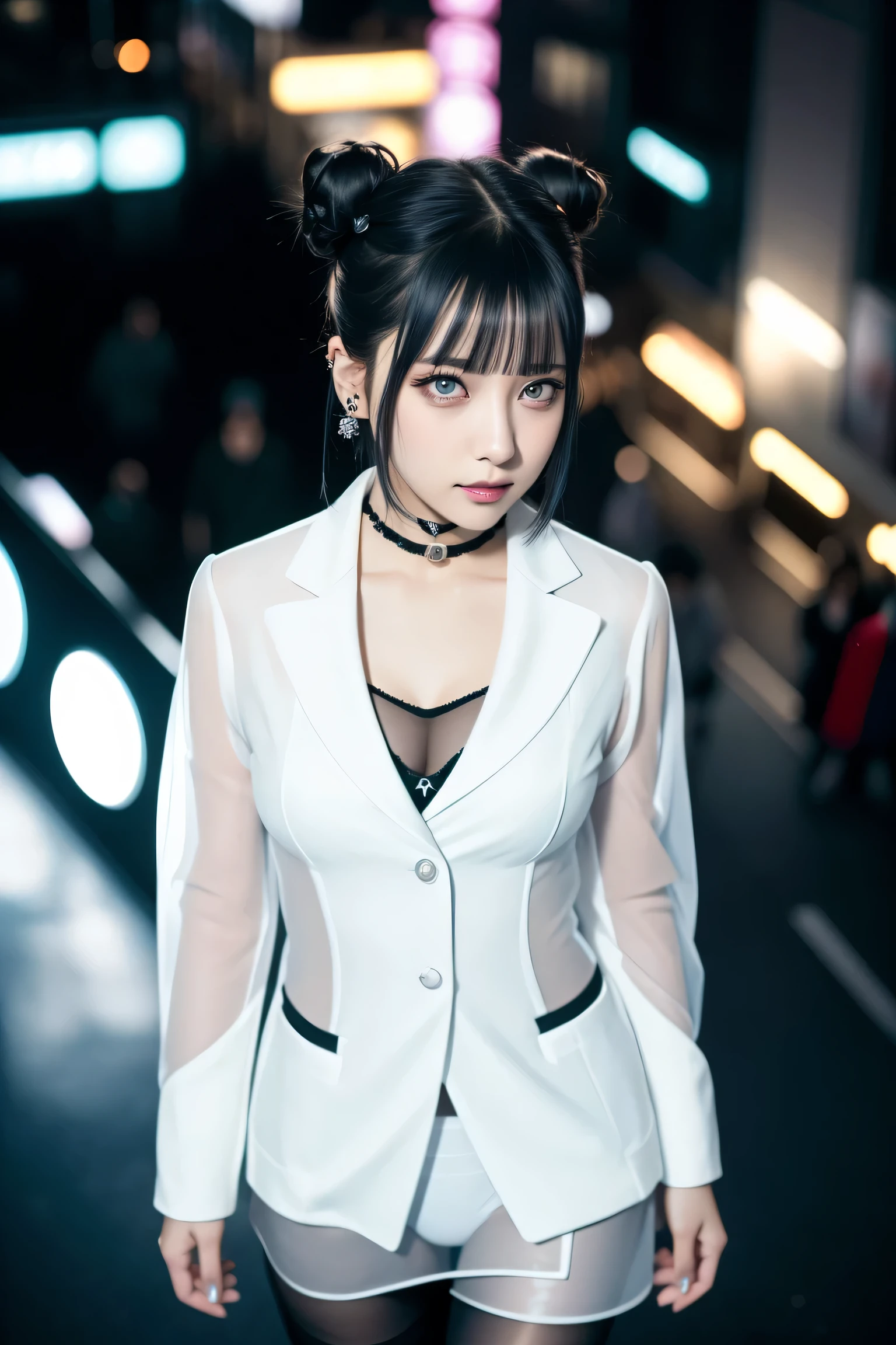 ((Building Rooftop: 1,3)), ((Goth_Punk, Alone, Medium Shot, Walking on Rooftop in Harajuku, ((Night)), Blur, Neon Light, Iridescent Eyes, Starry Sky, Glowing Black Hair, White Eyebrows, Shiny Hair, (Iridescent Black Hair), Earrings, Bun, Jewelry, Dull Bangs, Busy Eyes, Background Blur, Blur, Hair Adornment, Gaze, Short Hair, Portrait, Side Lock BREAK ((Swedish Girl, White Skin, White People)),((Women's Job Suit:1.3)), BREAK (Gal: 1. 1),(Glamour: 1. 3),(night),(supermodel: 1.3)),BREAK ((earrings, rings)), cowboy shot,((tall person)),((android)),((upward looking)),((top angle:1. 3)), from above, looking at camera,((event companion)),((thin see-through)) tight fitting underwear with straps))、Hip、Butt、Bend、