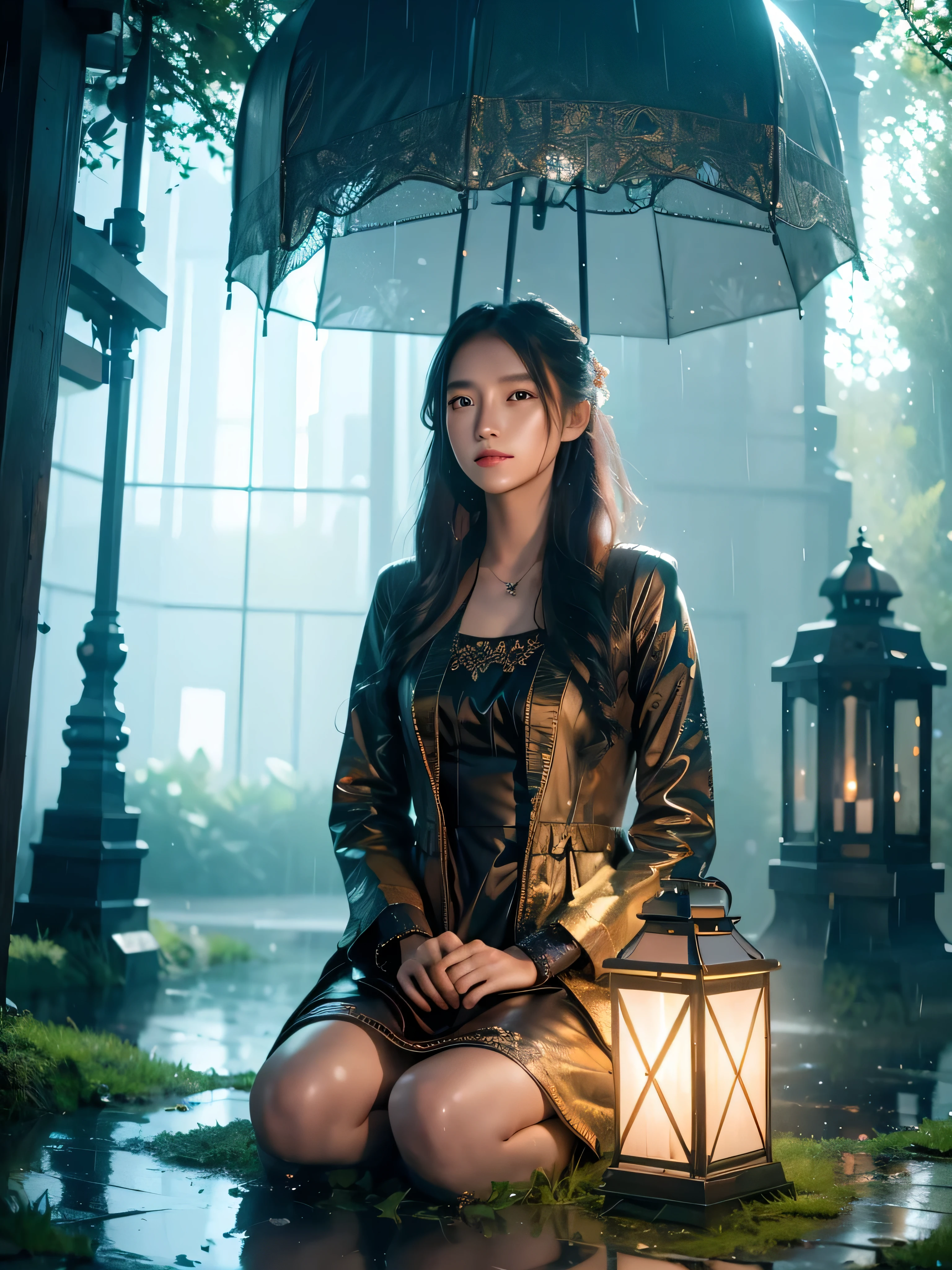 (extremely detailed CG unity 8k wallpaper), a beautiful young woman in the rain, dress, sitting, graveyard with lanterns, Style-Empire, (Style-Glass), (((surrealism))), full_body_shot, dramatic, backlit, light rays, volumetric lighting, detailed face, highly detailed, painting