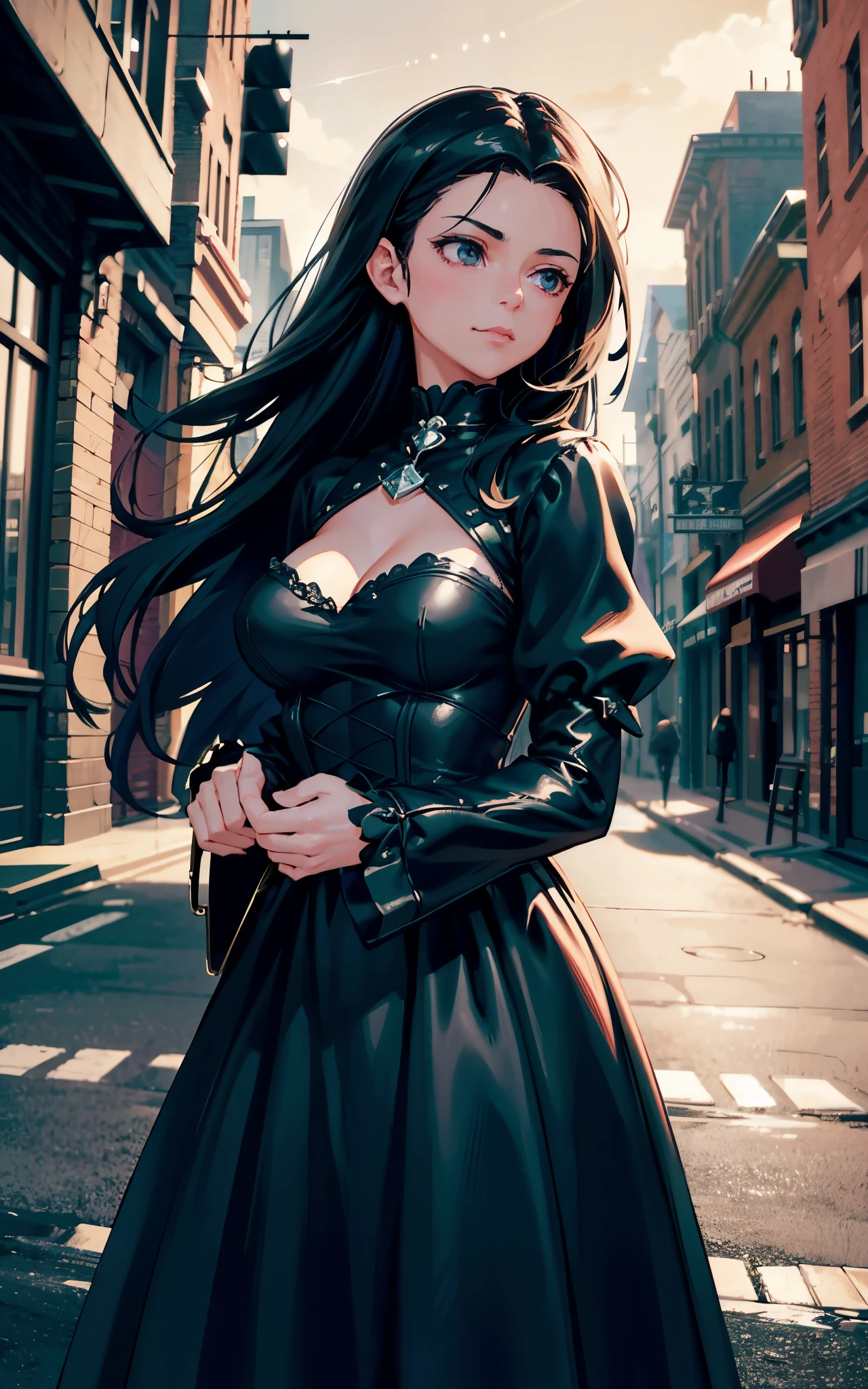 (Emmy Rossum:Evangeline Lilly) An ultra detailed, a beautiful goth girl with long straight hair in a short black dress is walking through a gothic city, moonlight, gothic fashion, dark fantasy style, hyper realistic, realism, digital art, cinematic, perfect contrast, high sharpness, depth of field, ultra detailed photography, global illumination, smooth, ultra high definition, 8k, unreal engine 5, ultra sharp focus, award winning photograph