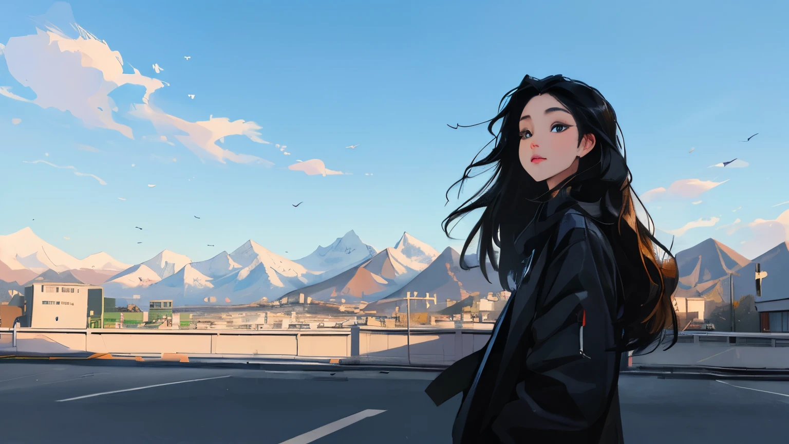((masterpiece)),(((bestquality))),((ultra-detailed)) realisticlying, 1 girl, Beautiful, black long hair, The sky morning, looking to viewer, , city, road, pose next to the traffic light, mountain. blue sky.