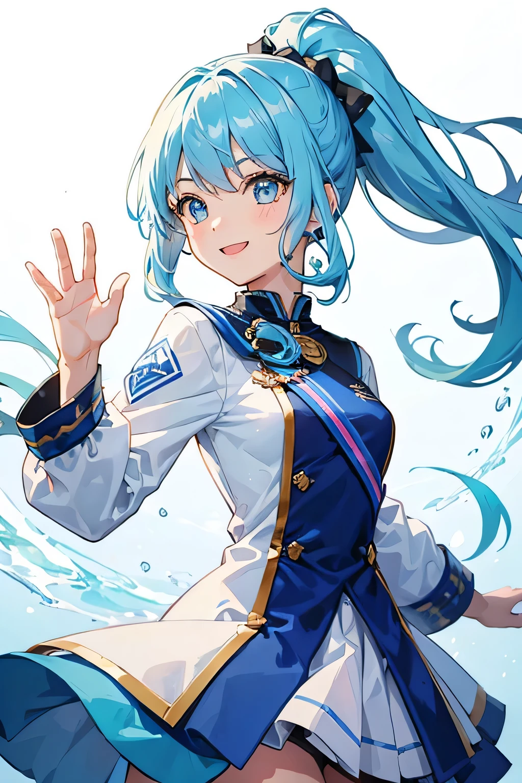 One Girl Waving with a bright smile She has light blue hair in a ponytail Light clothing