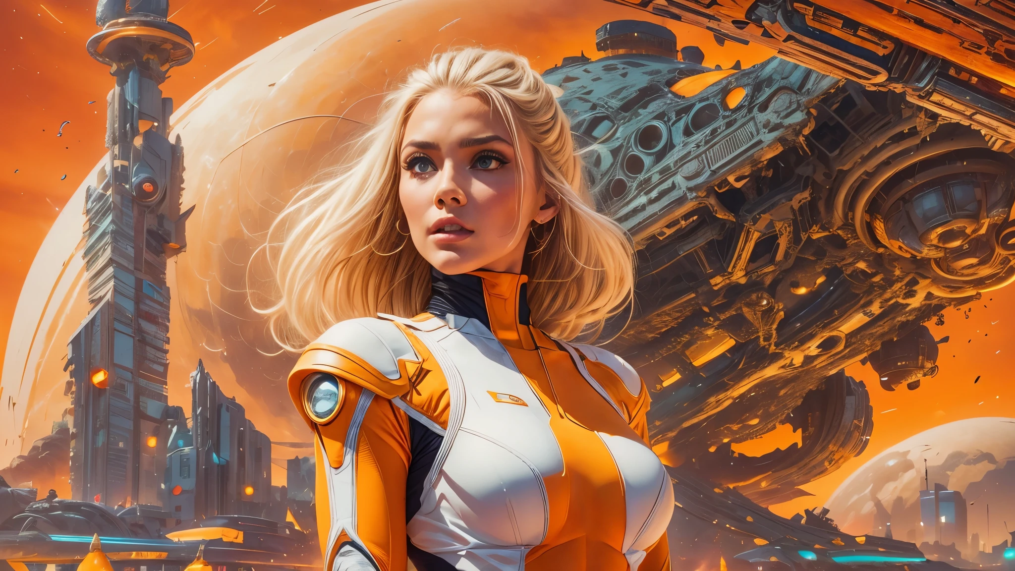 arafed image of a white woman in a futuristic suit with a spaceship in the background, movie art, in front of an orange background, inspired by Robert McGinnis, female protagonist, megastructure in the background, portrait of an ai astronaut, astronauts, an astronaut, portrait of a astronaut skeletor, perfect android girl, detailed eyes, perfectly detailed teeth, frank franzzeta and sakimichan  